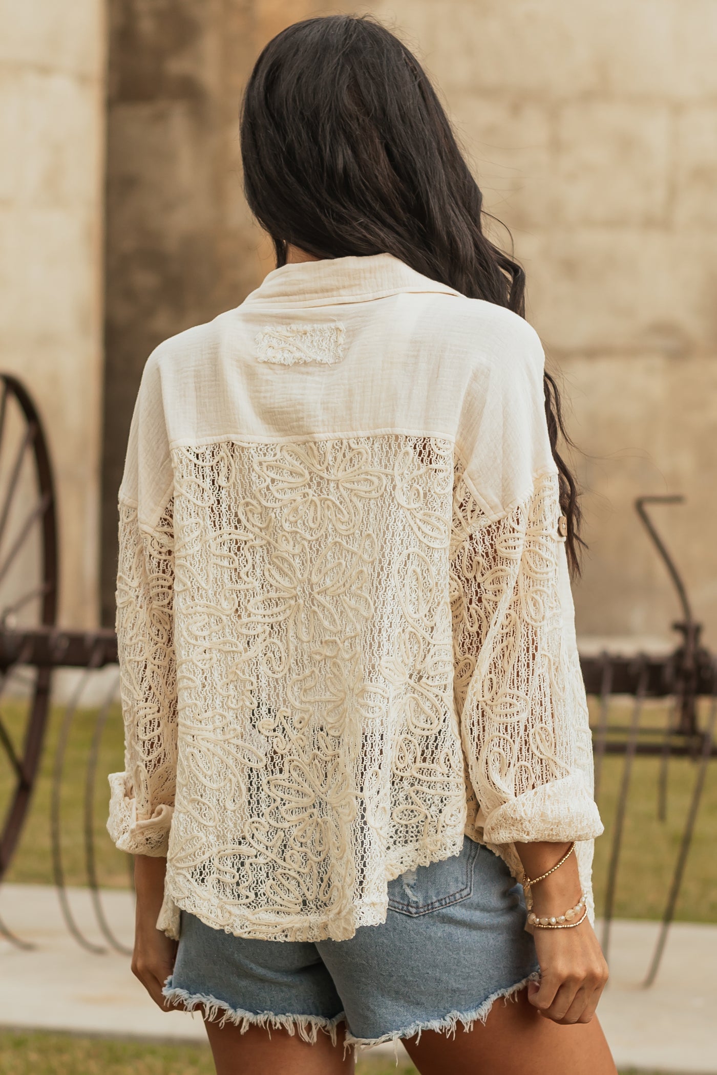 Cream 3D Floral Button Down Open Knit Shacket