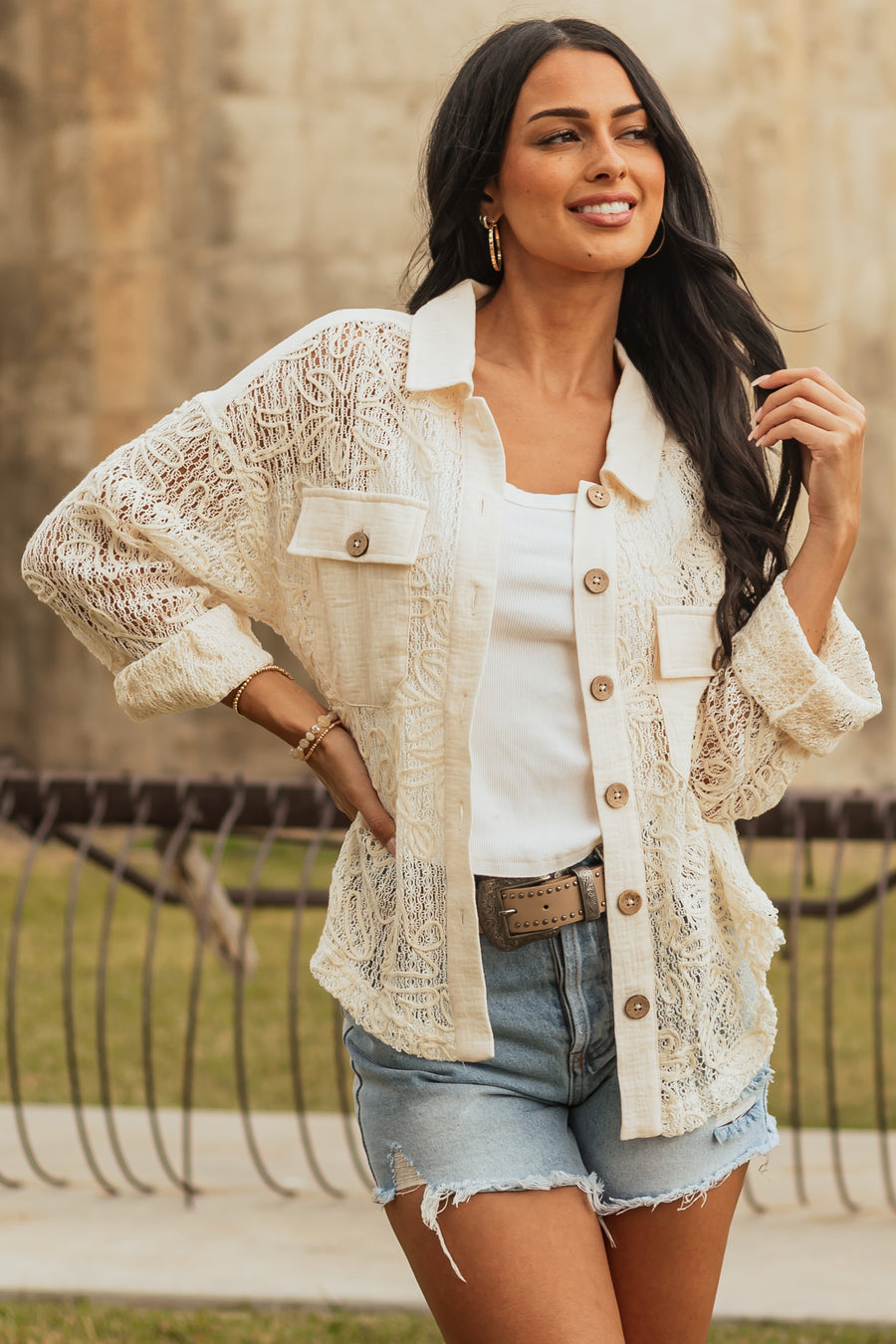 Cream 3D Floral Button Down Open Knit Shacket