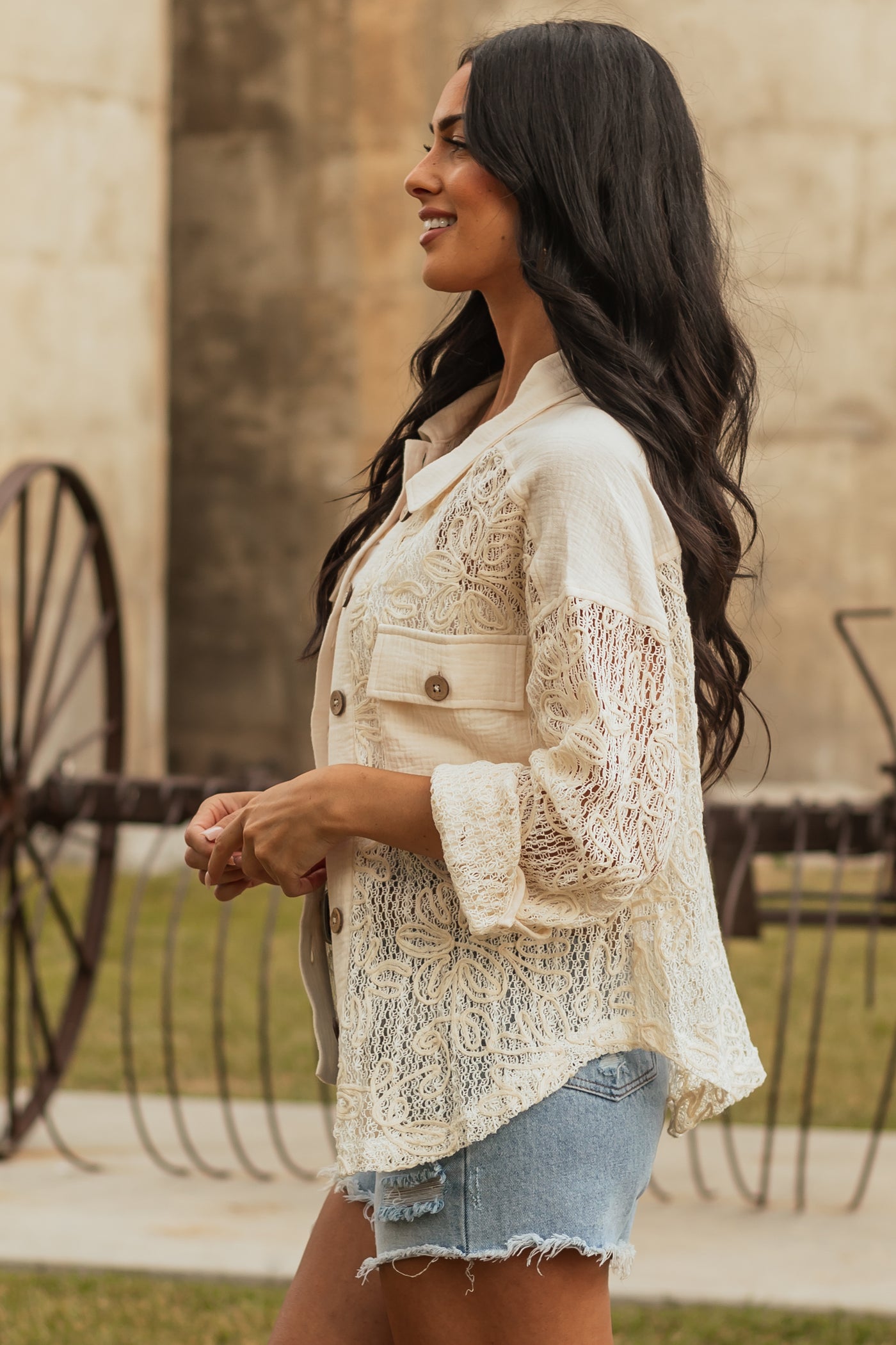 Cream 3D Floral Button Down Open Knit Shacket