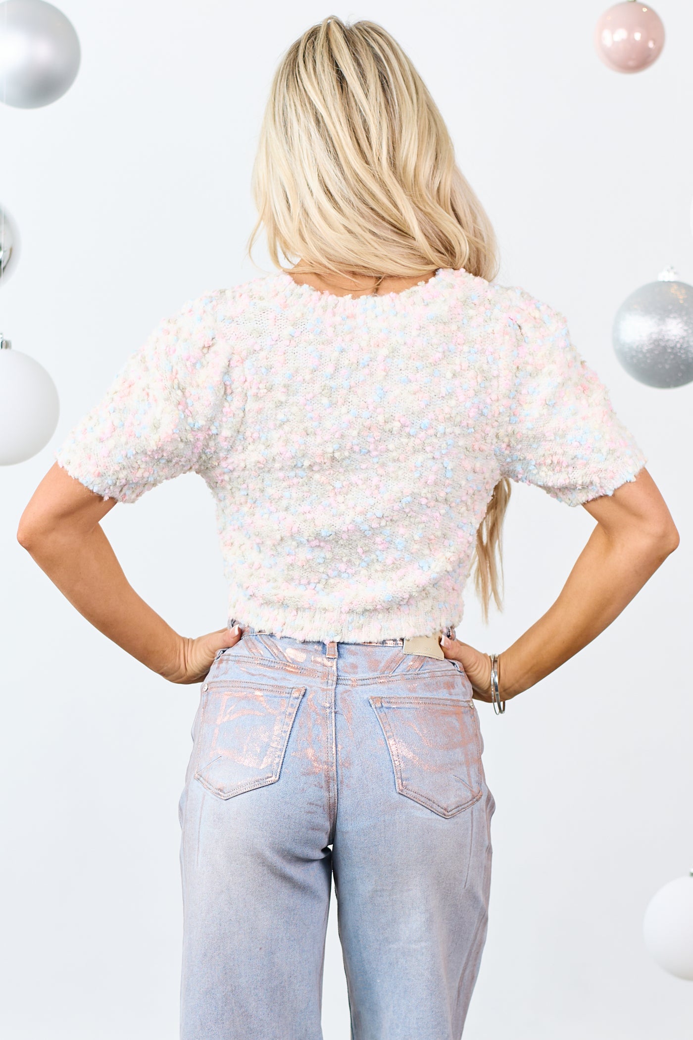 Cream Abstract Popcorn Knit Crop Sweater