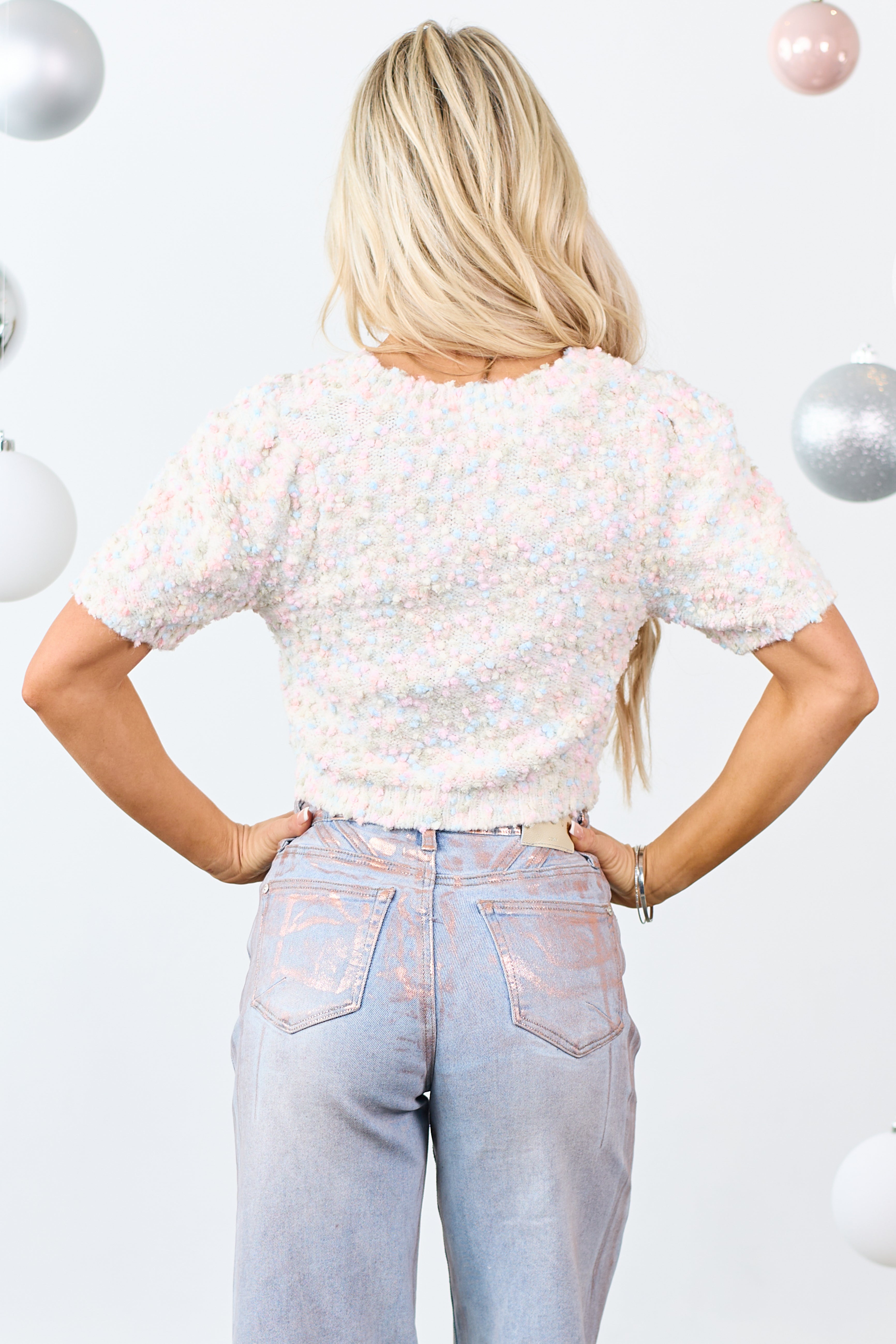 Cream Abstract Popcorn Knit Crop Sweater