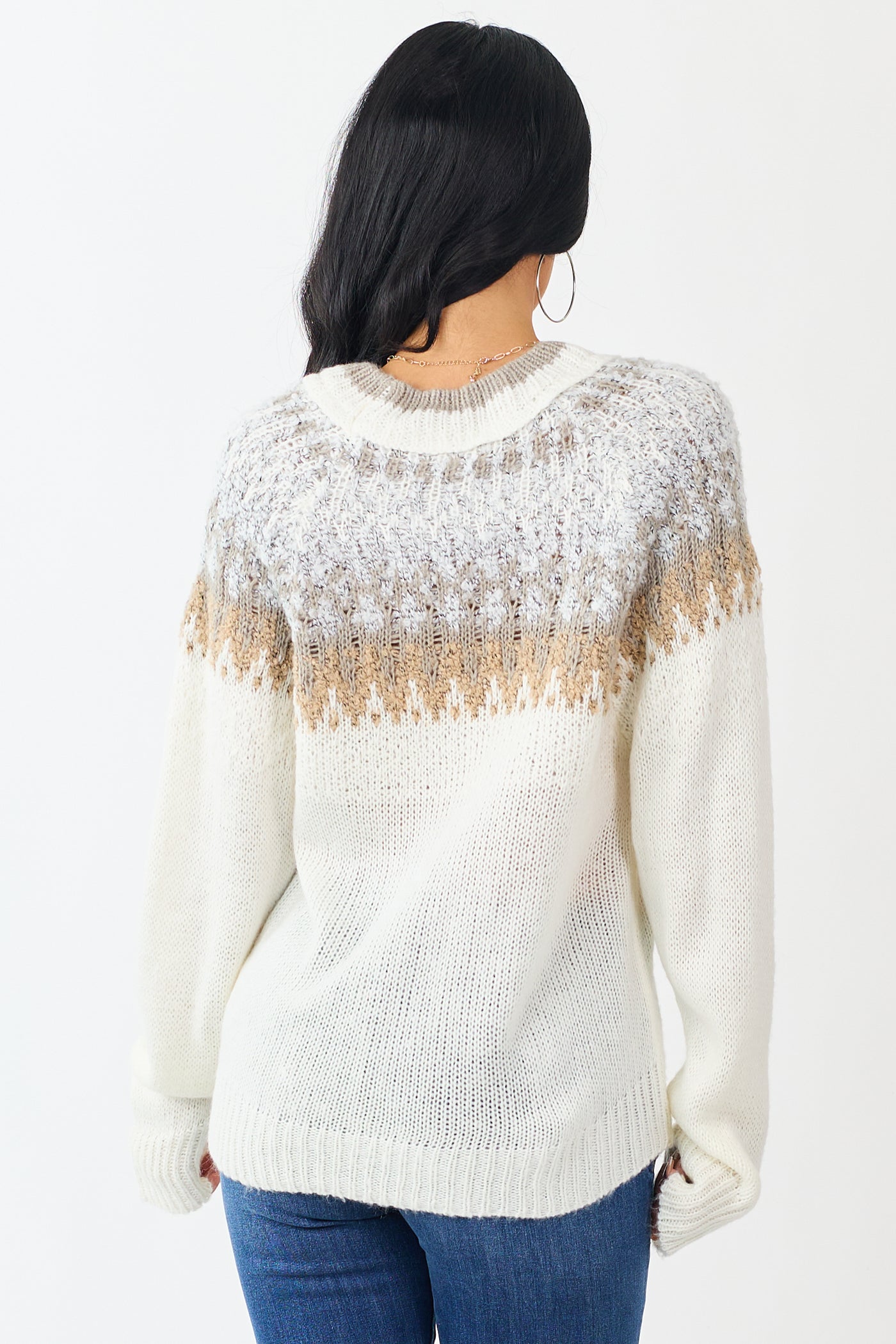 Cream Abstract Print Long Sleeve Knit Sweater