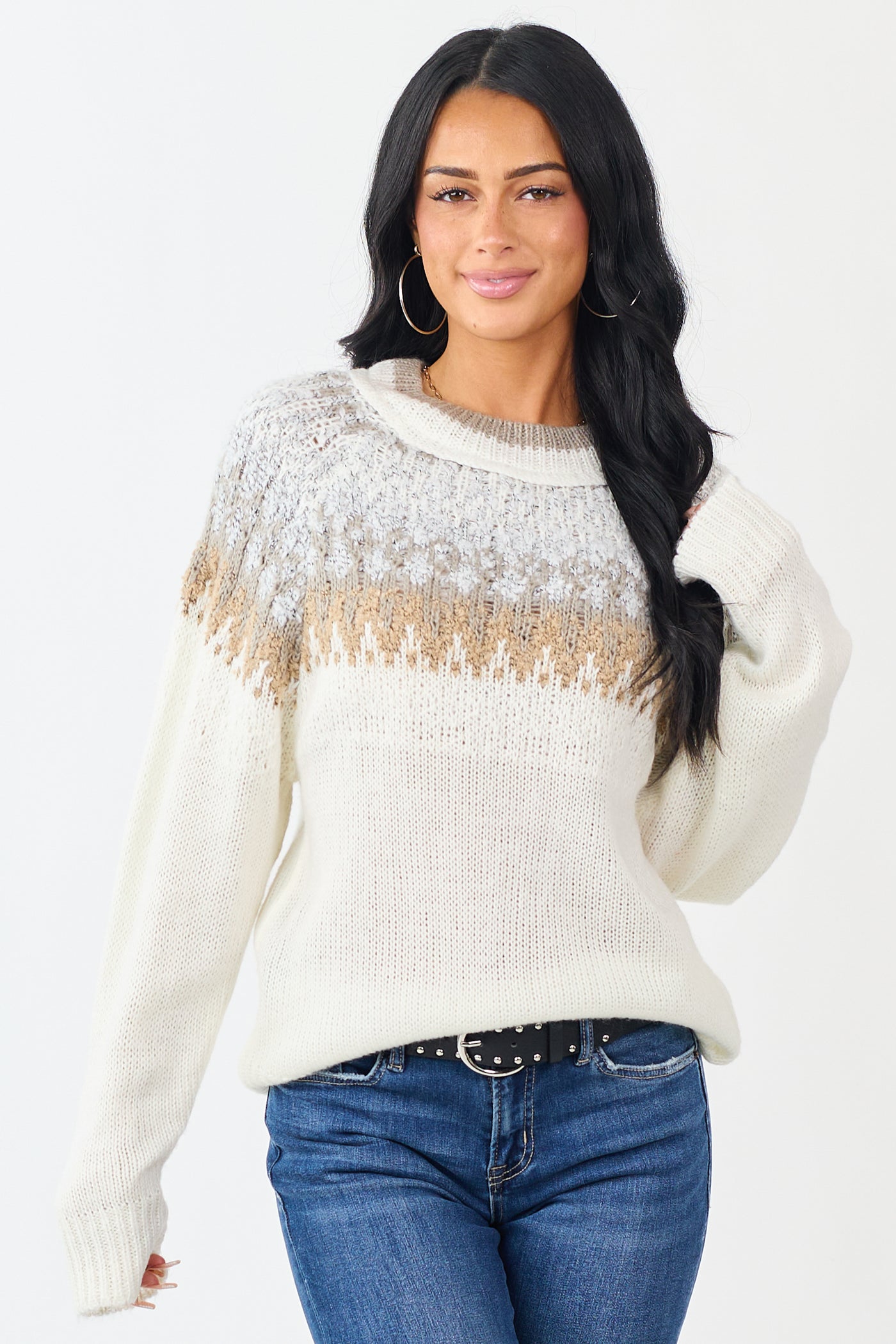 Cream Abstract Print Long Sleeve Knit Sweater