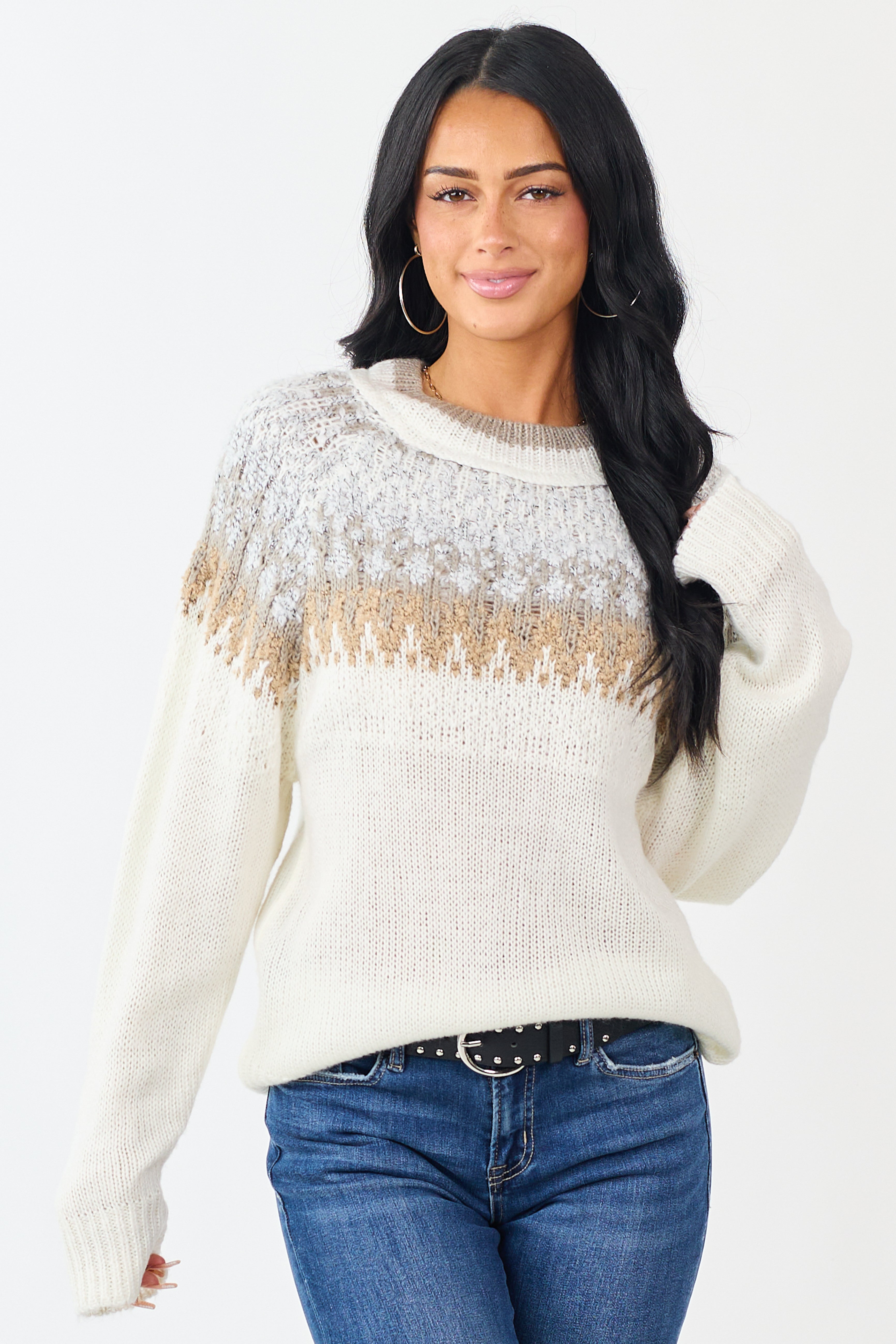 Cream Abstract Print Long Sleeve Knit Sweater