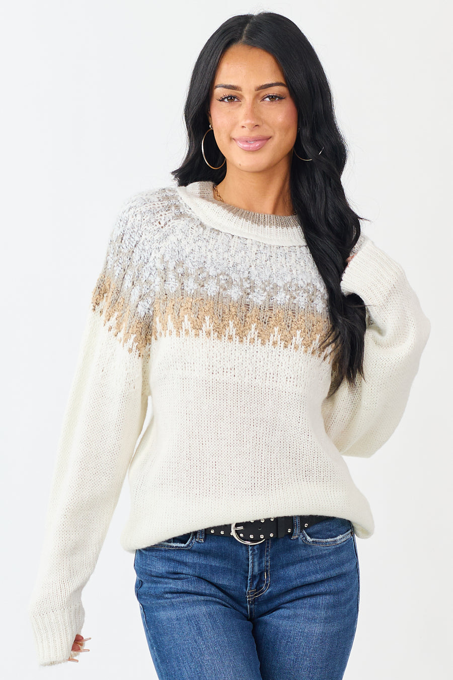 Cream Abstract Print Long Sleeve Knit Sweater