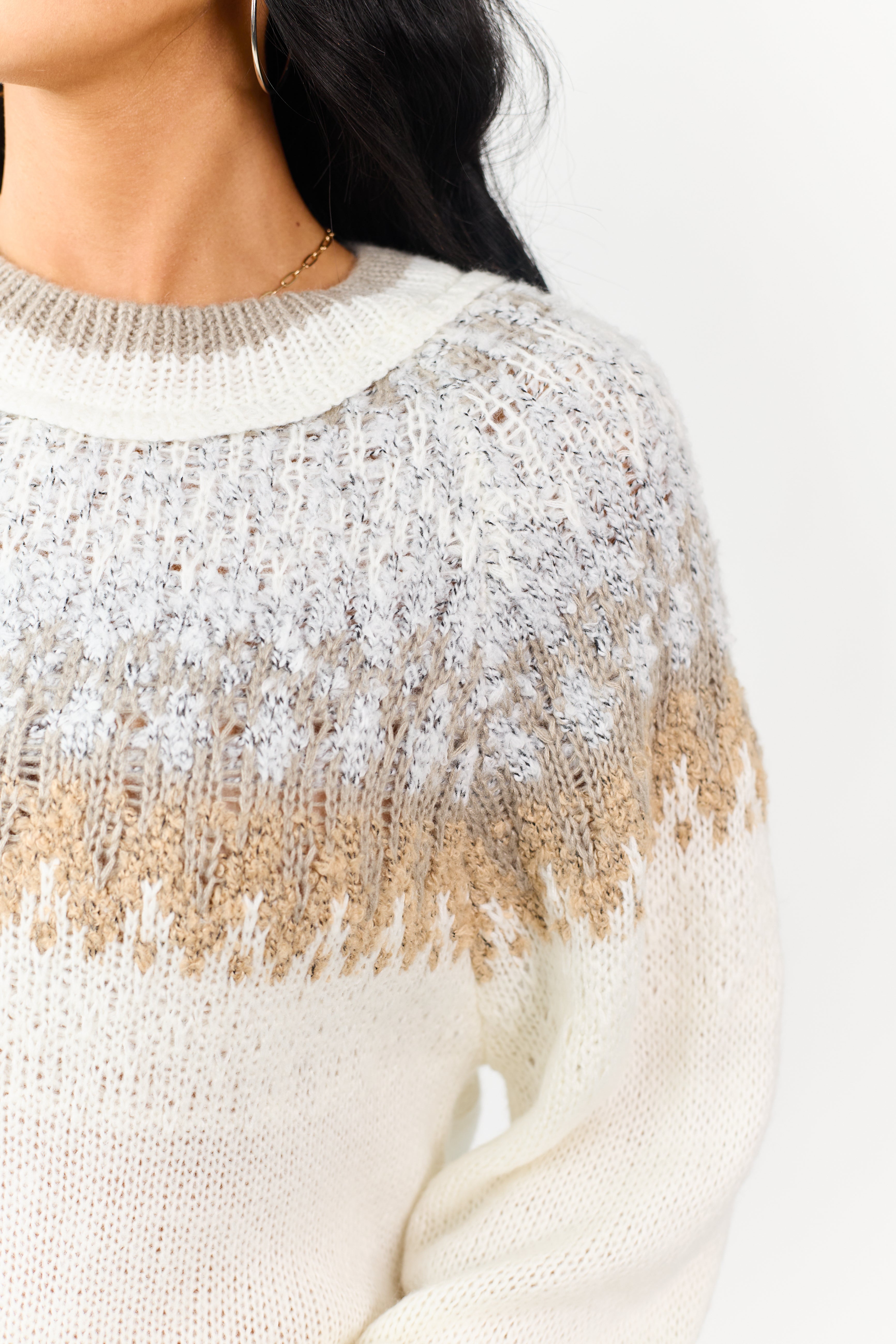 Cream Abstract Print Long Sleeve Knit Sweater