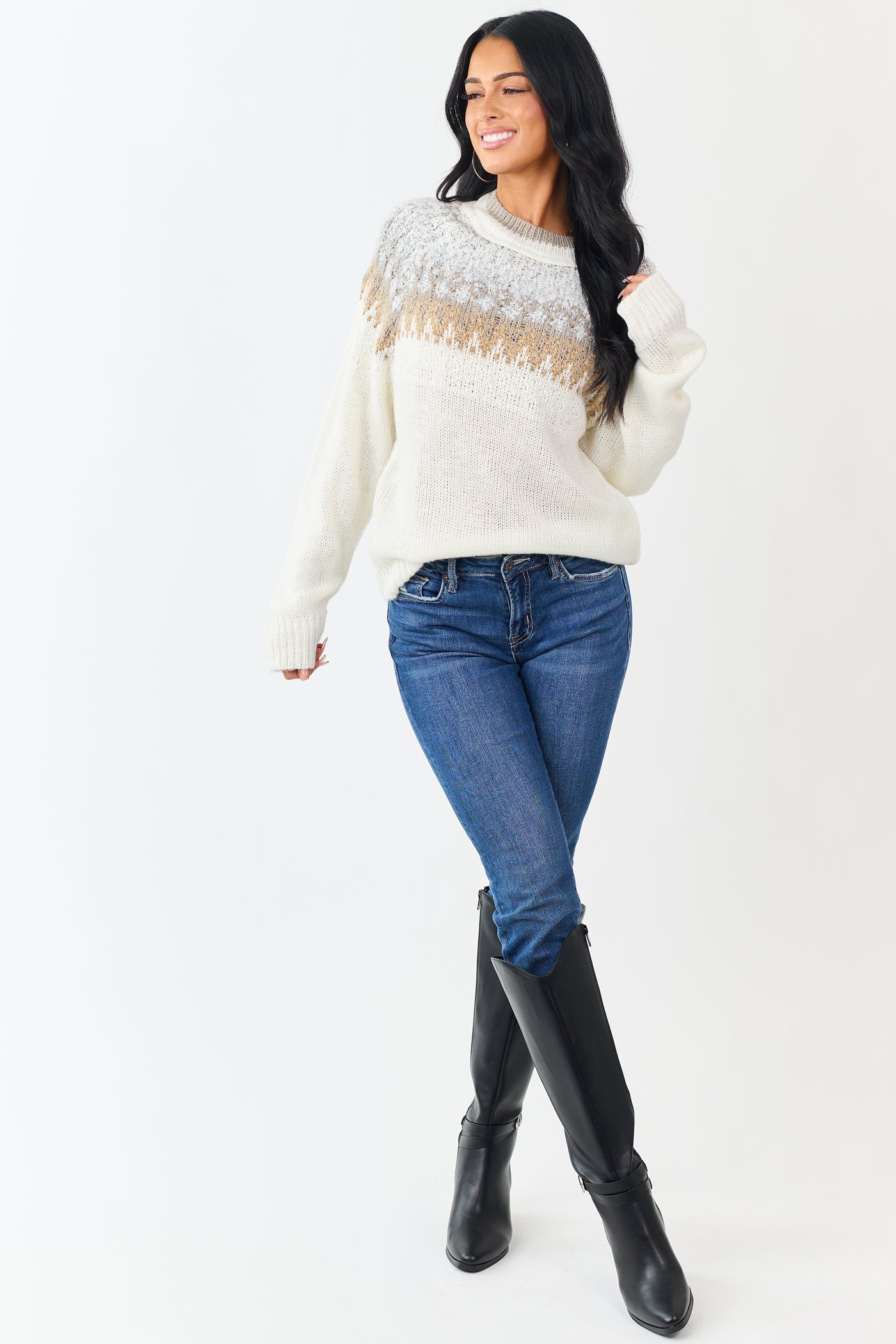 Cream Abstract Print Long Sleeve Knit Sweater