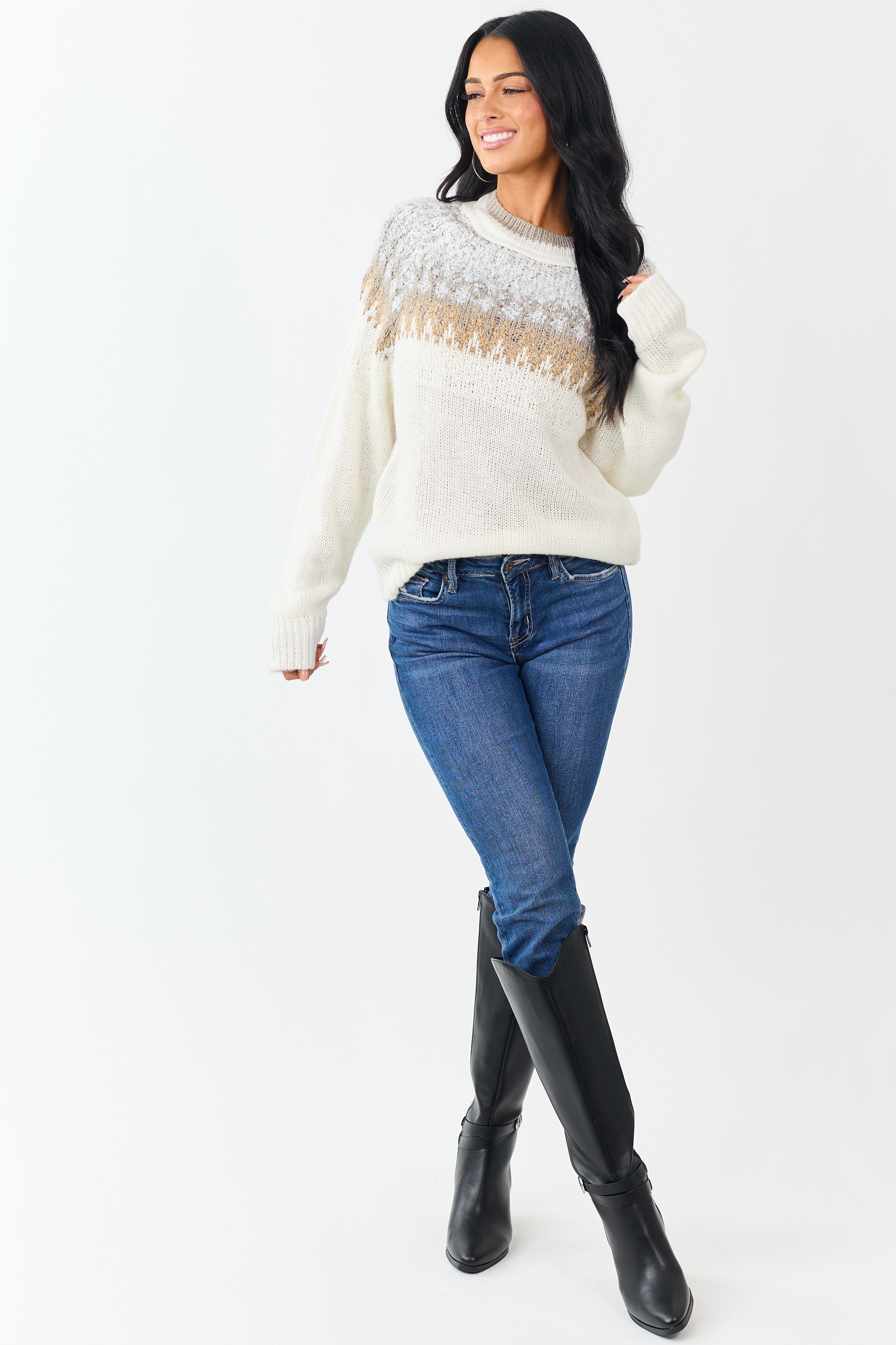 Cream Abstract Print Long Sleeve Knit Sweater