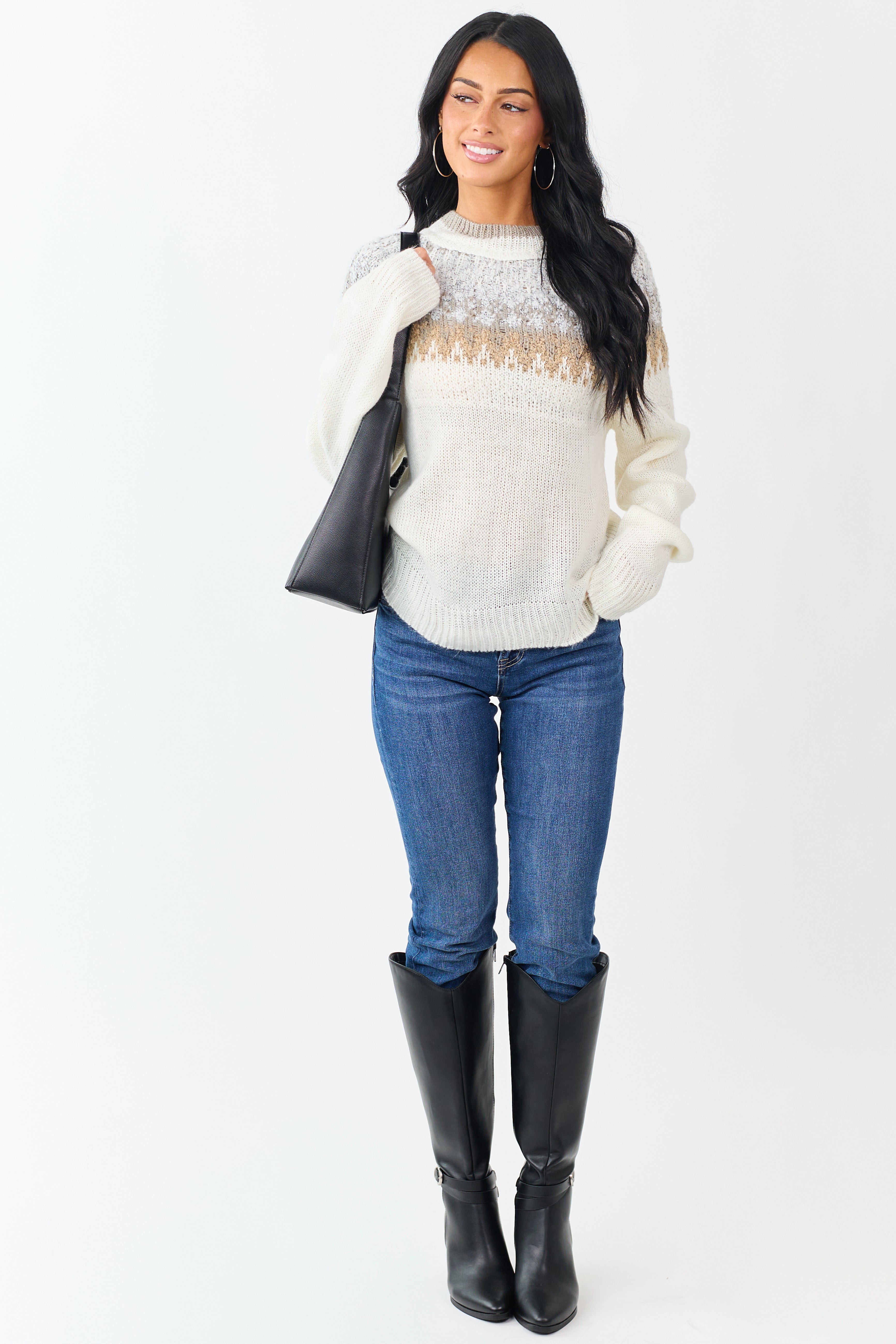 Cream Abstract Print Long Sleeve Knit Sweater