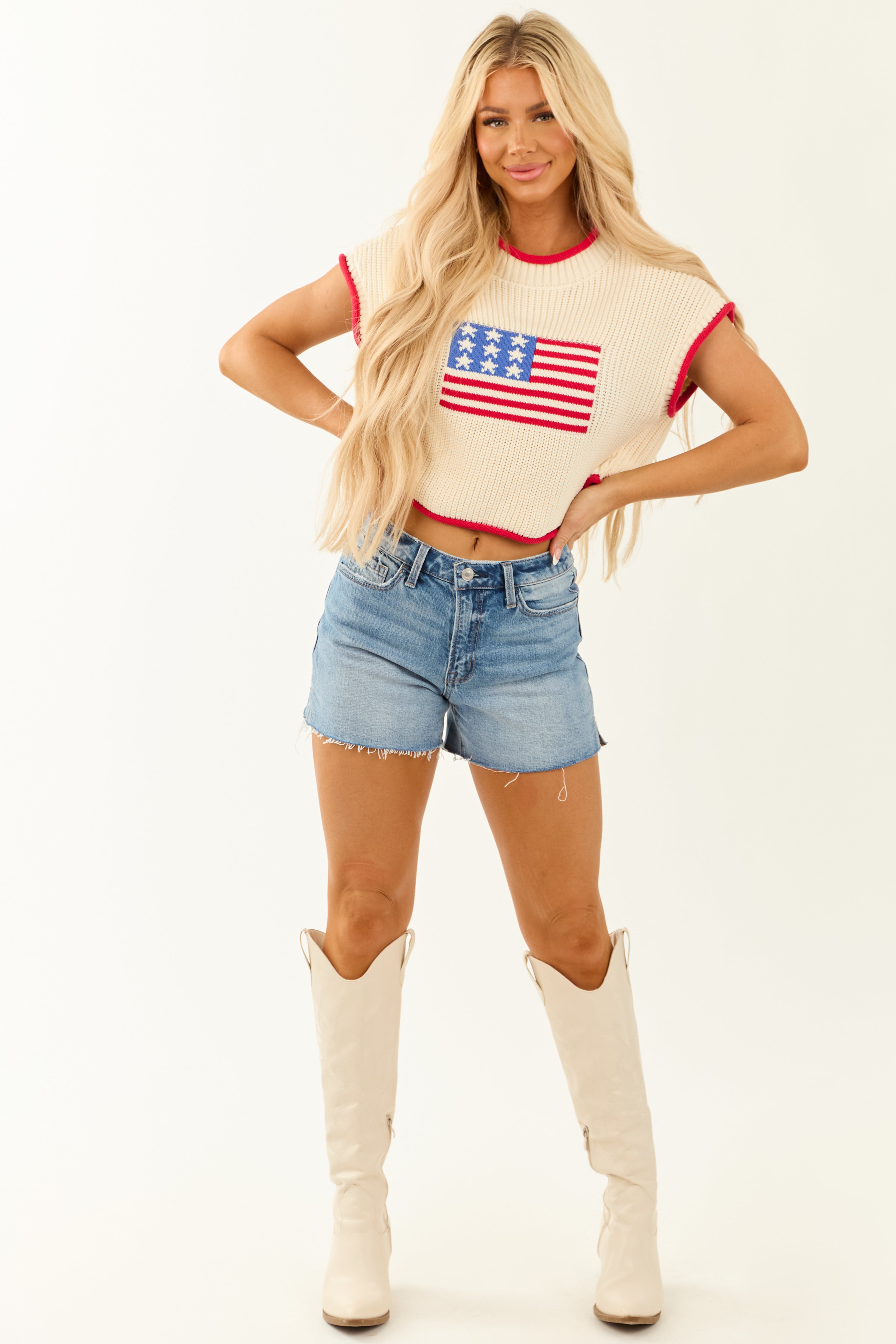 Cream American Flag Graphic Boxy Sweater Top