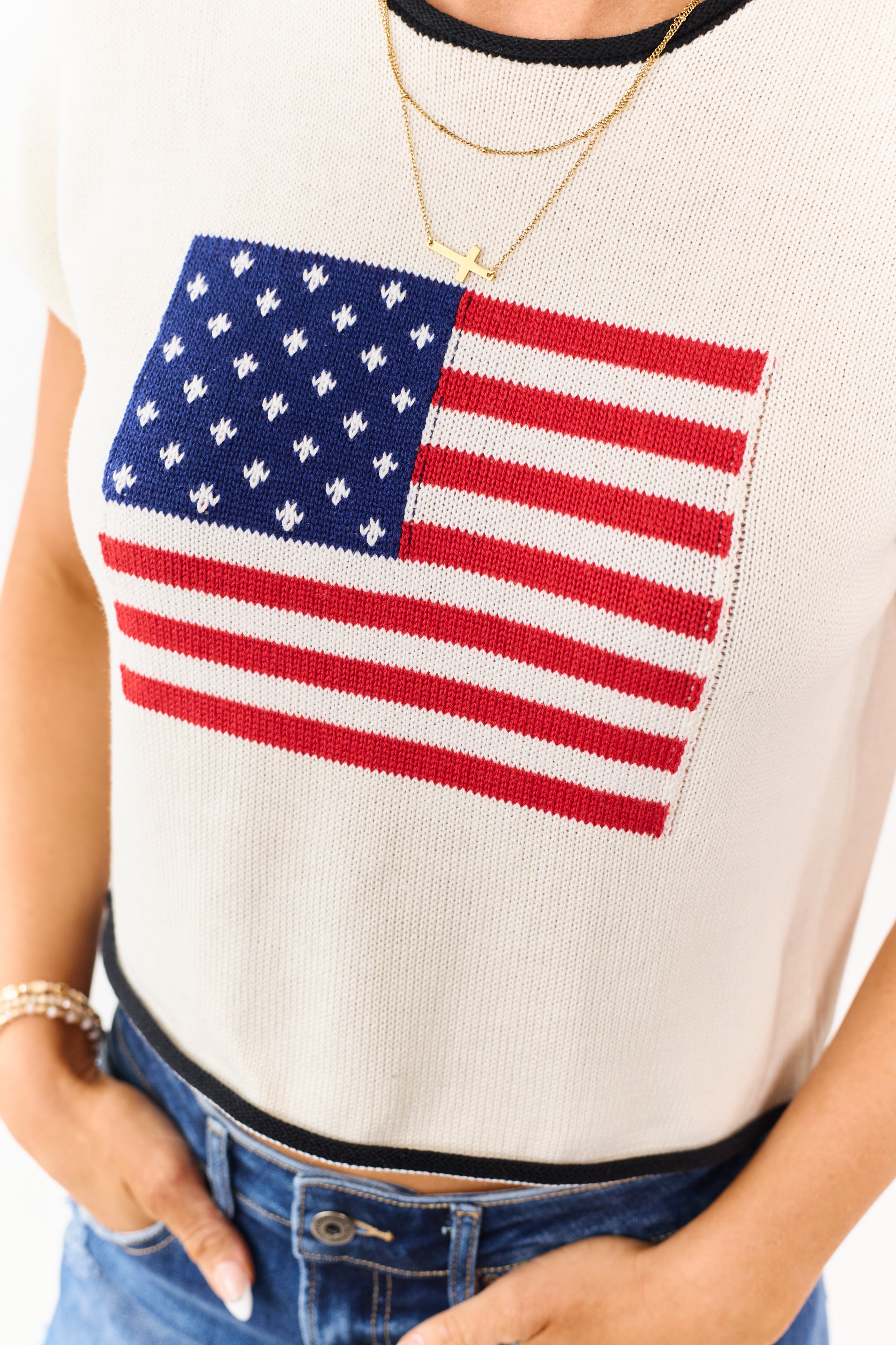 Cream American Flag Graphic Short Sleeve Boxy Tee