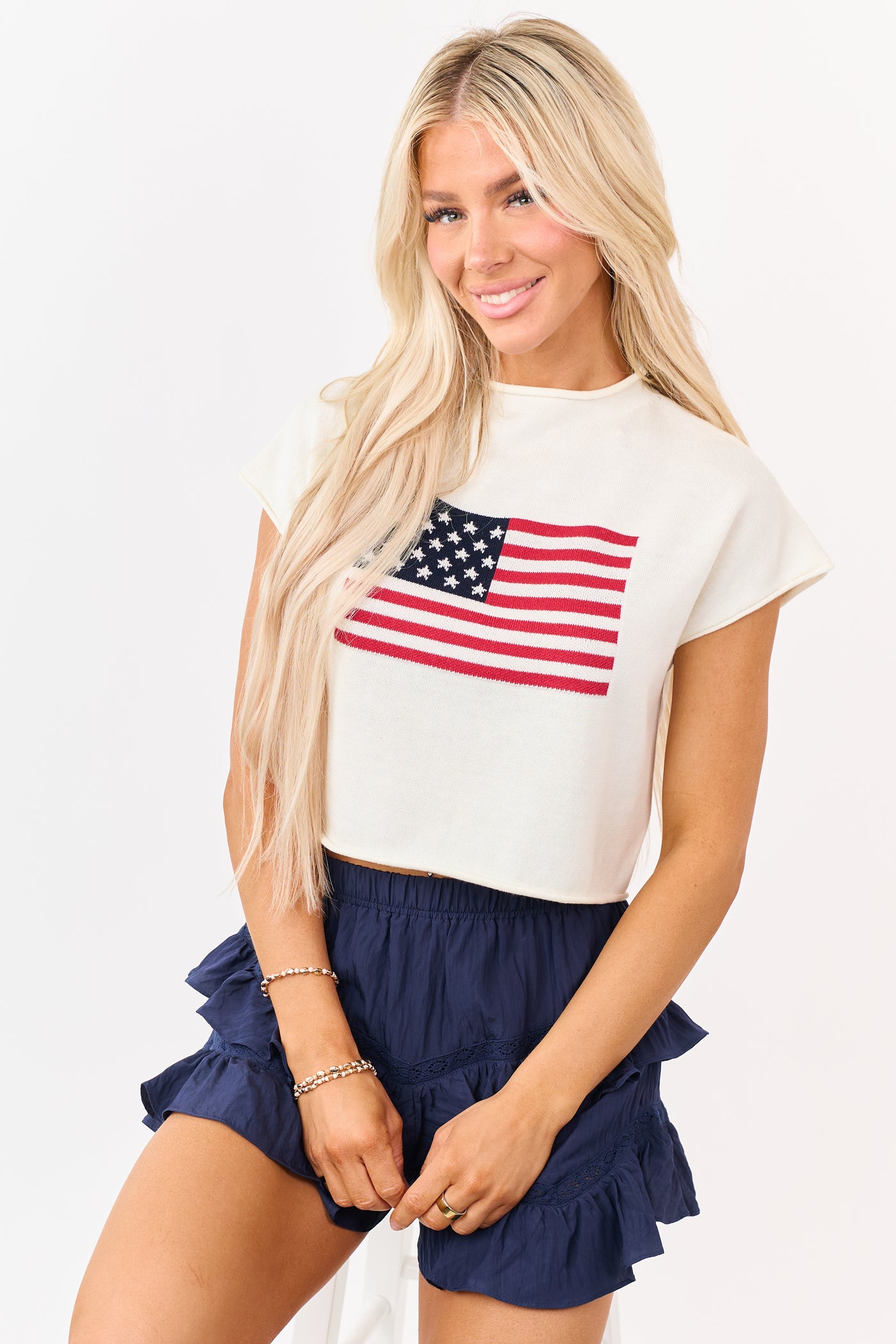 Cream American Flag Graphic Short Sleeve Top