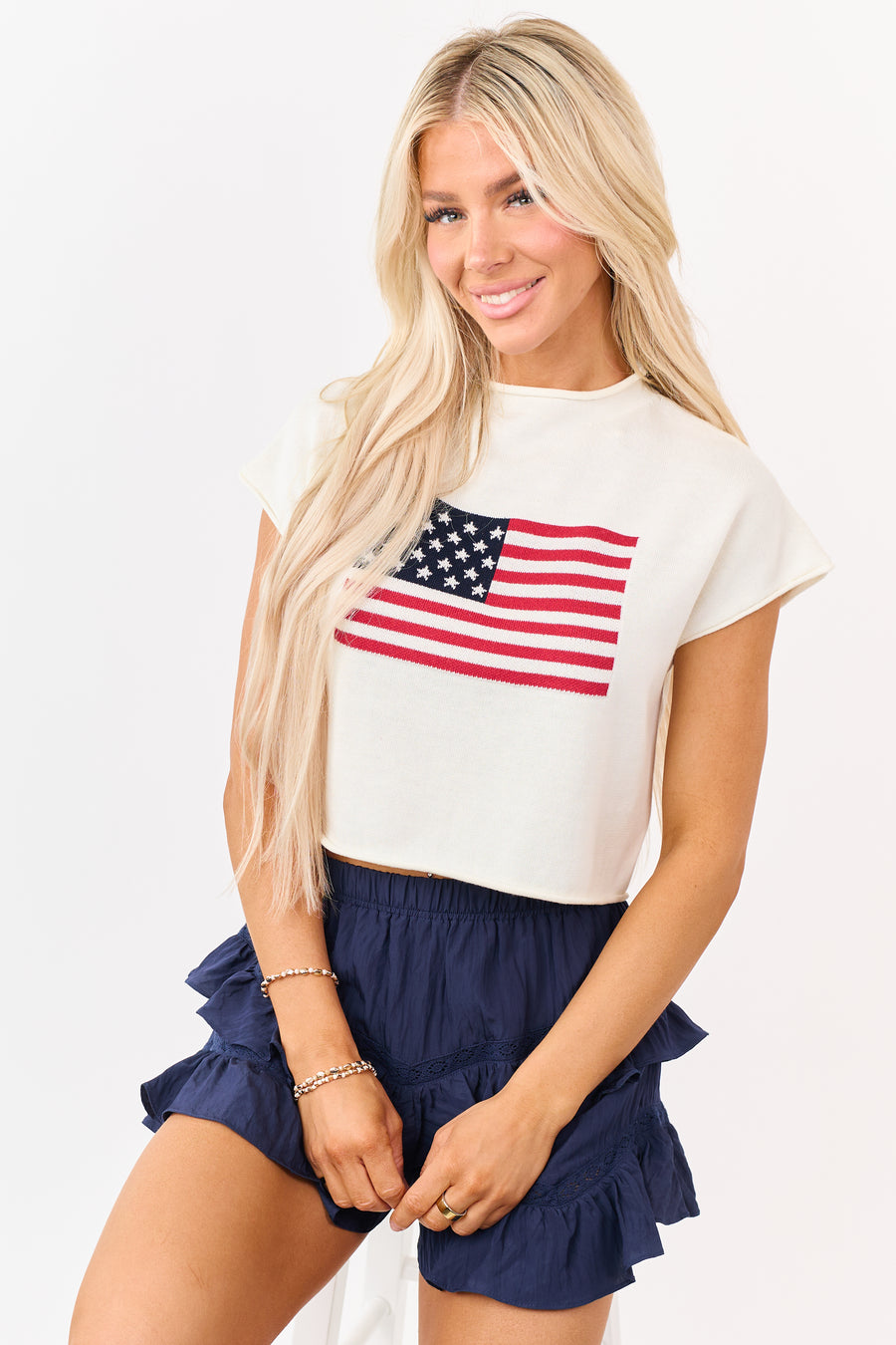 Cream American Flag Graphic Short Sleeve Top