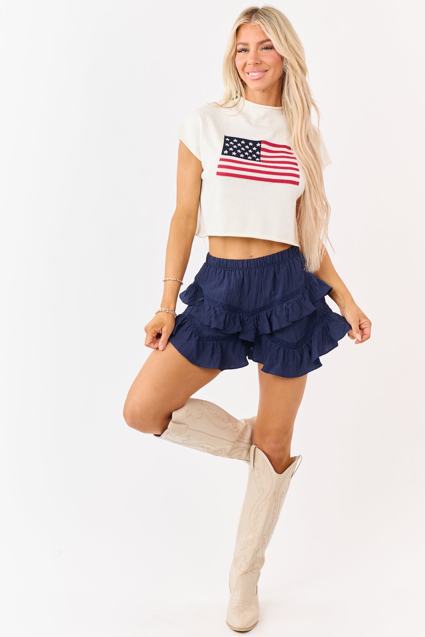 Cream American Flag Graphic Short Sleeve Top