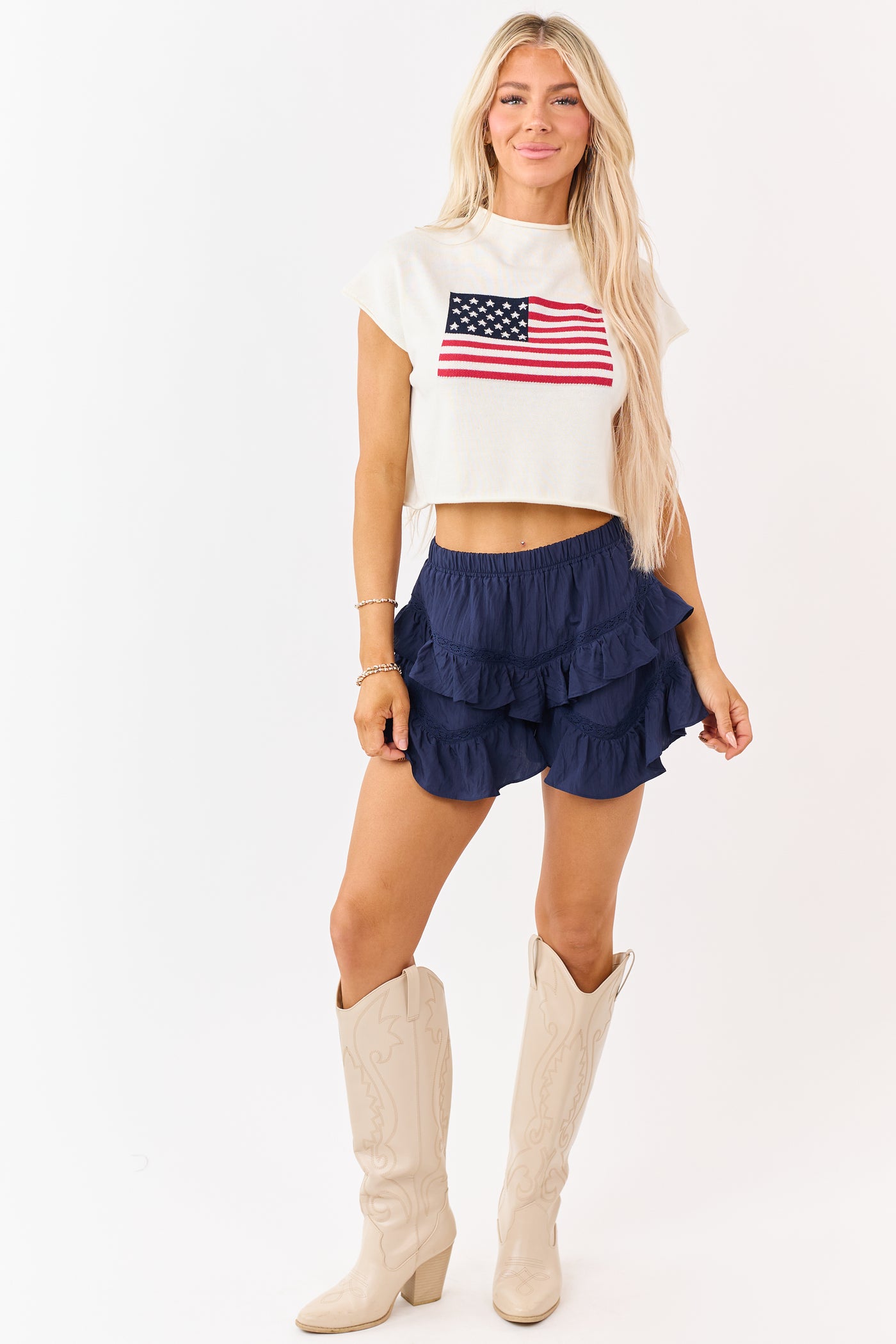 Cream American Flag Graphic Short Sleeve Top