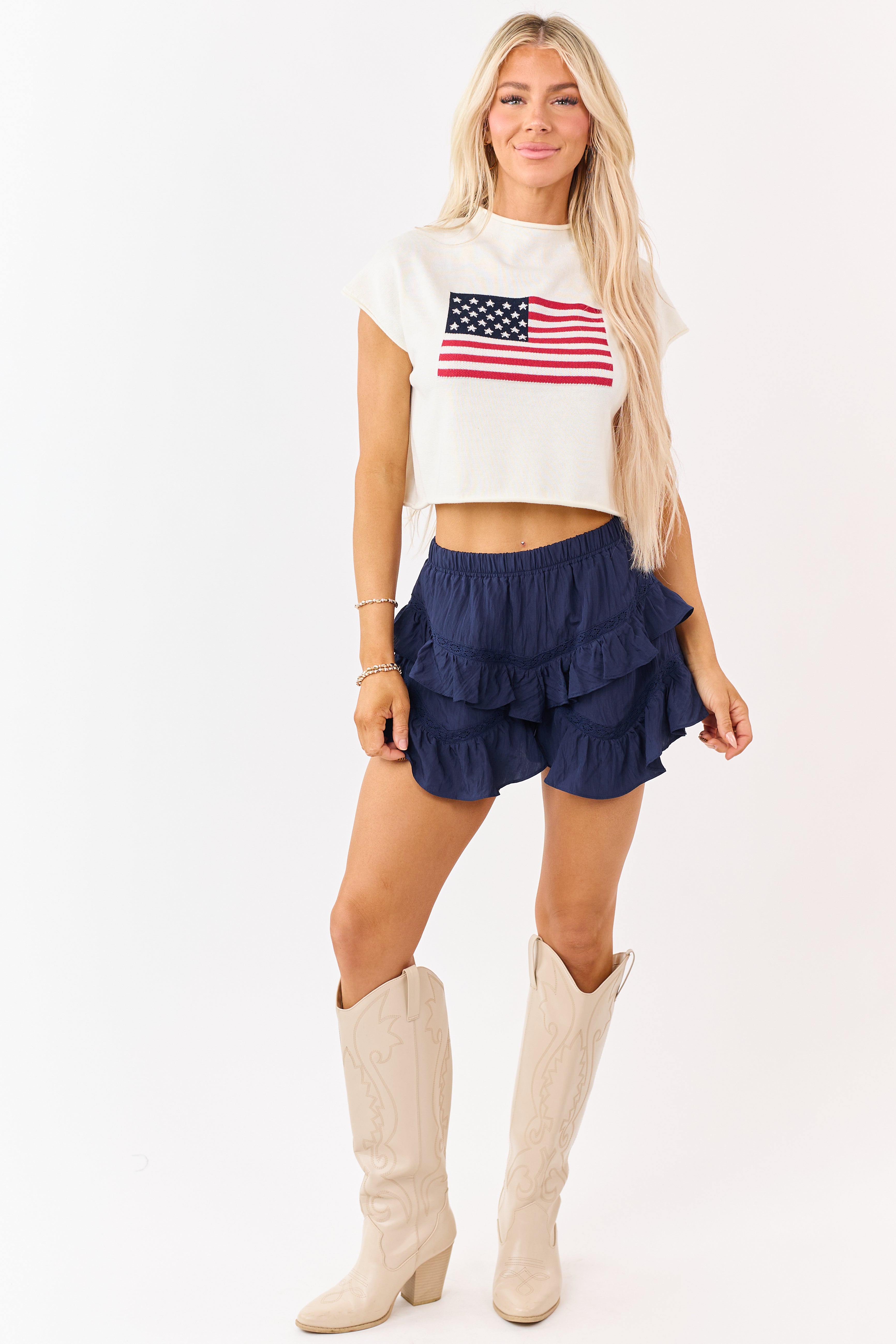 Cream American Flag Graphic Short Sleeve Top