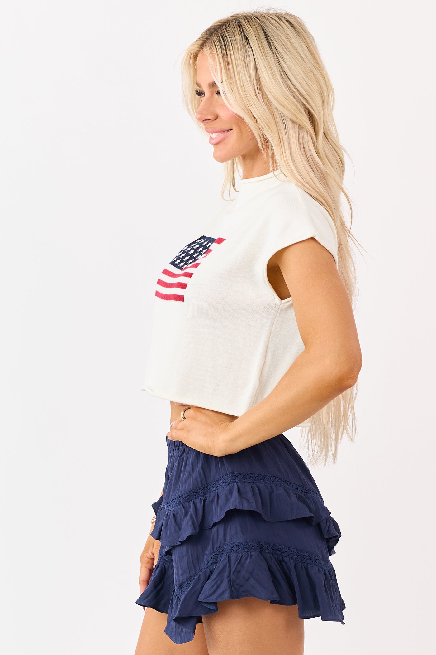 Cream American Flag Graphic Short Sleeve Top