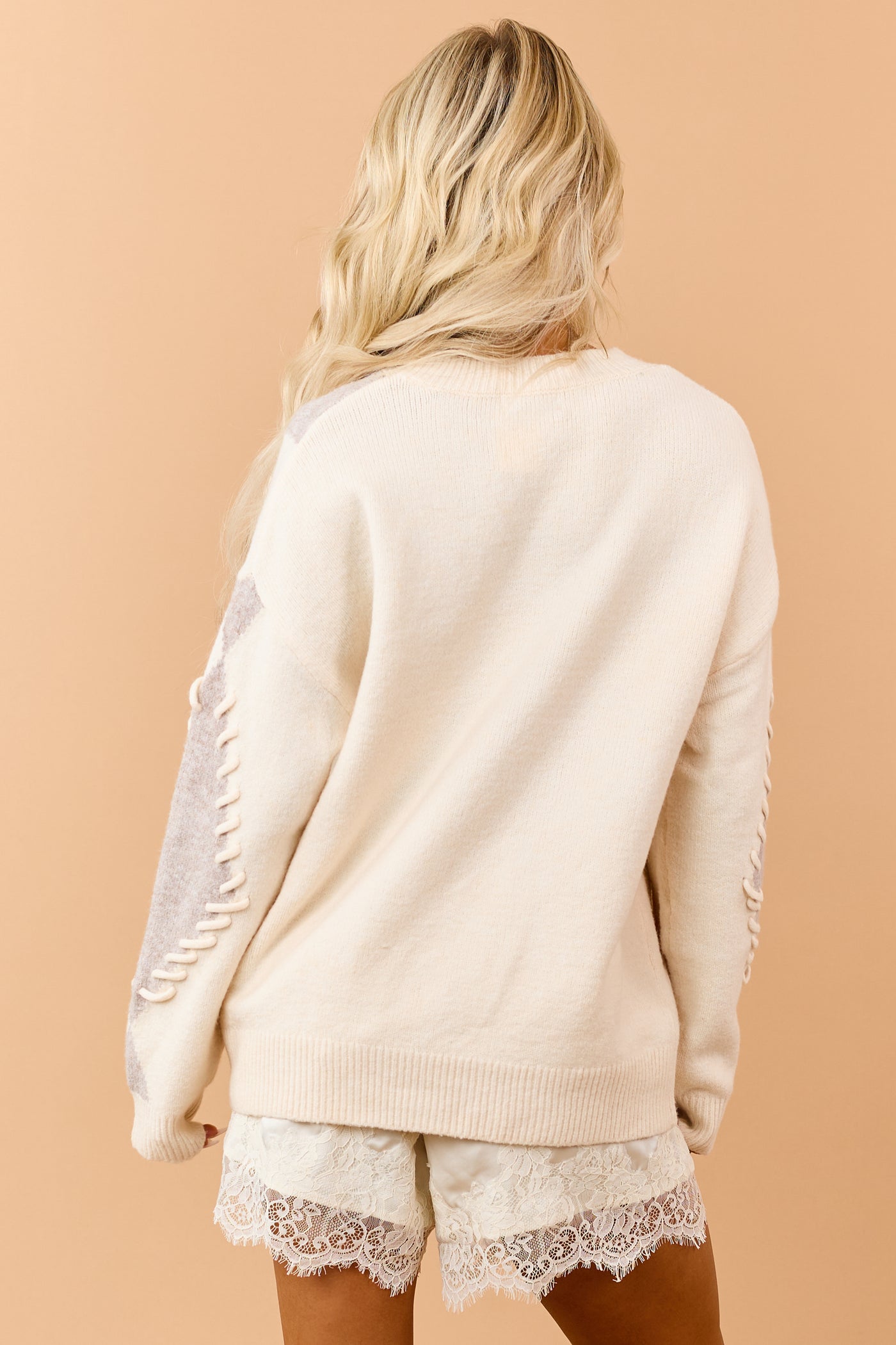 Cream Argyle Stitch Ribbed Trim Relaxed Sweater