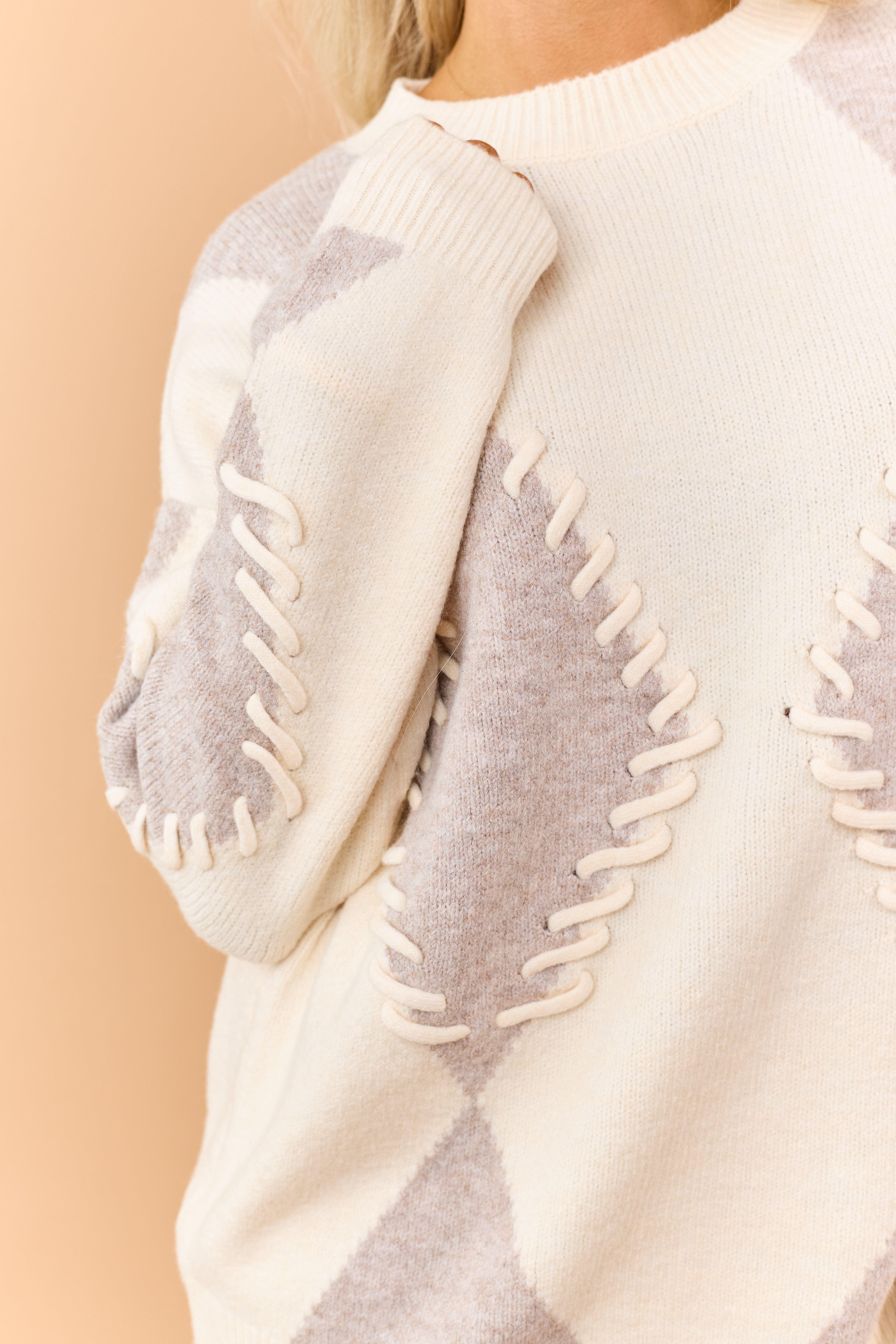 Cream Argyle Stitch Ribbed Trim Relaxed Sweater
