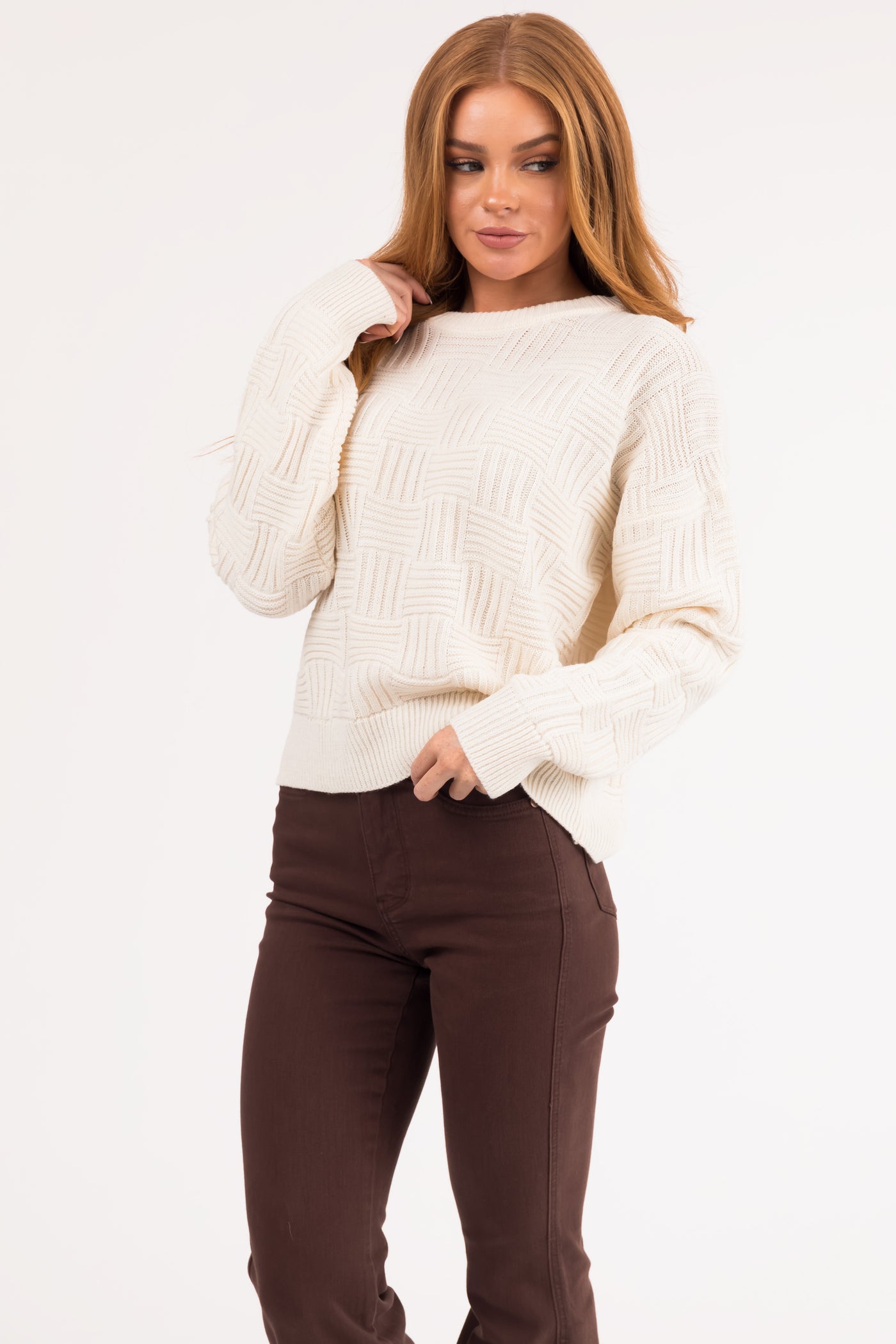 Cream Basket Weave Pullover Knit Sweater