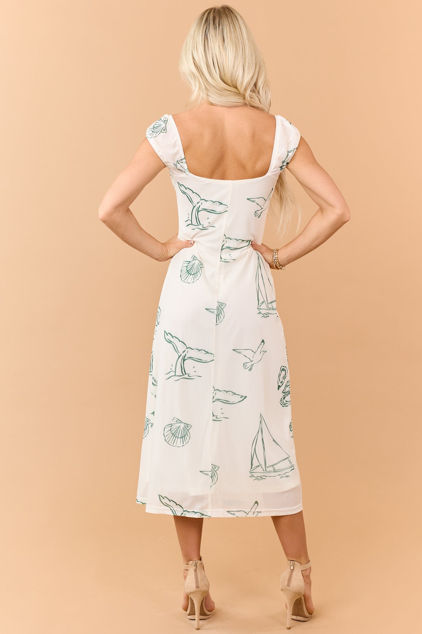 Cream Beach Print Mesh Cap Sleeve Midi Dress
