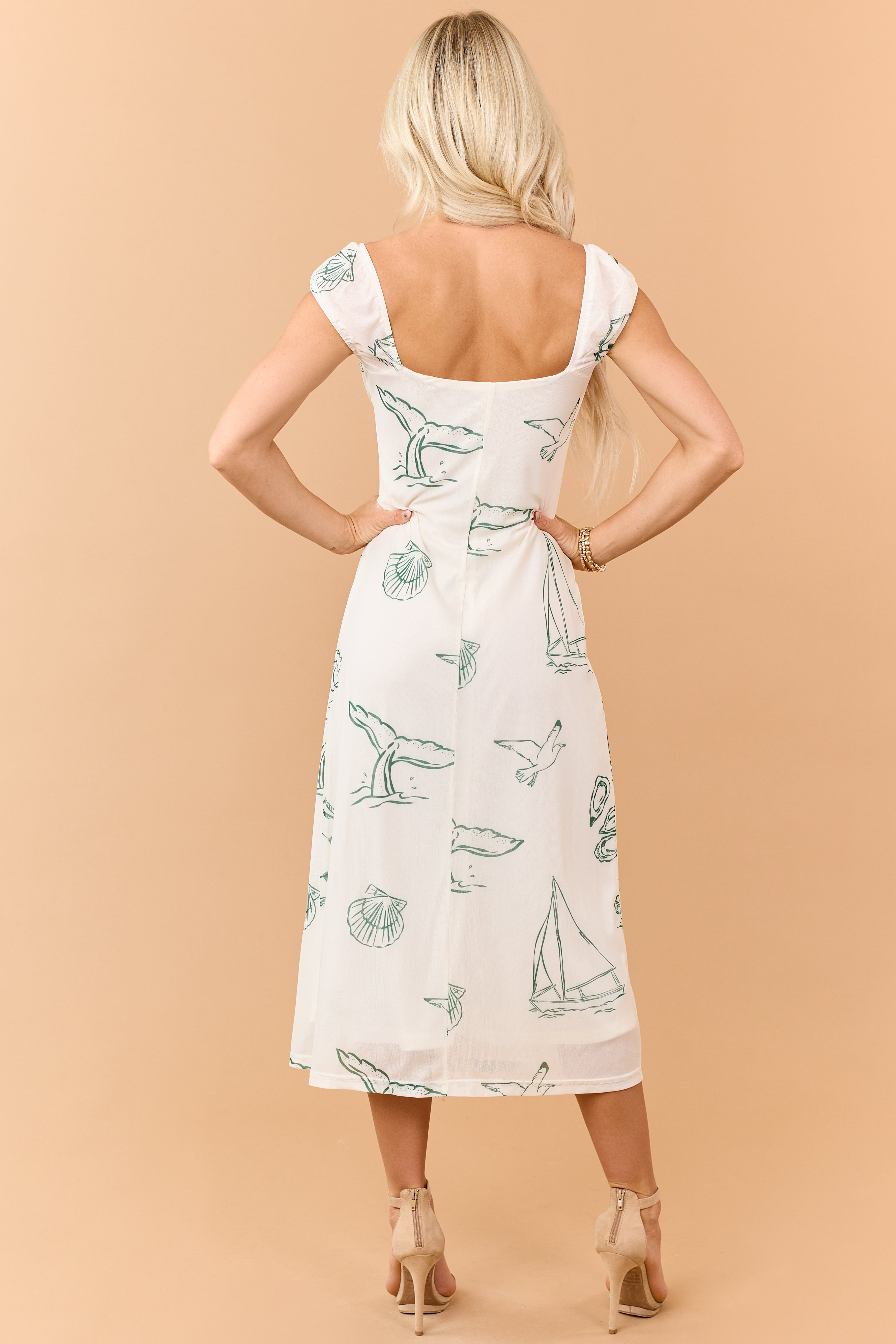 Cream Beach Print Mesh Cap Sleeve Midi Dress