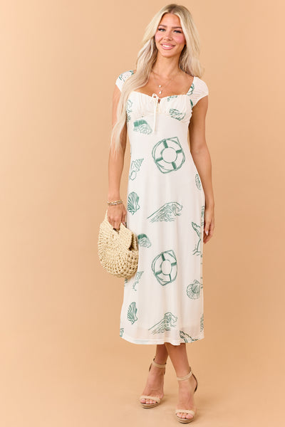 Cream Beach Print Mesh Cap Sleeve Midi Dress