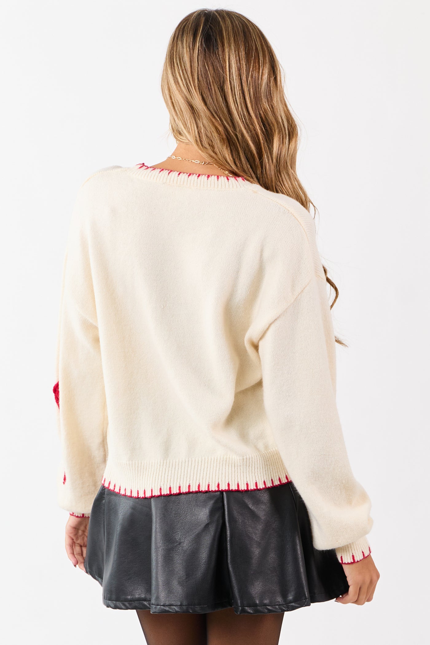 Cream Bow Applique Long Puff Sleeve Knit Sweater