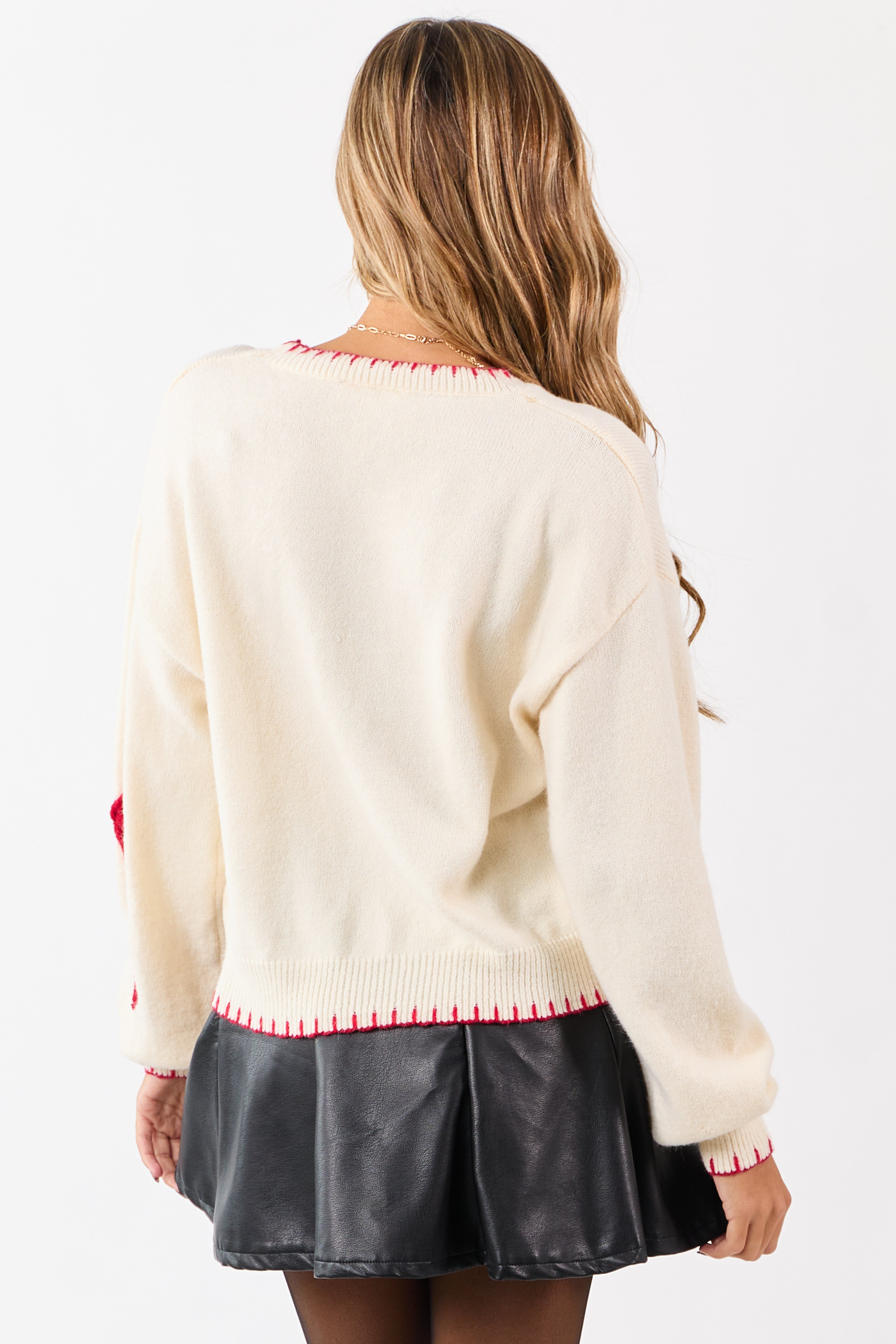Cream Bow Applique Long Puff Sleeve Knit Sweater