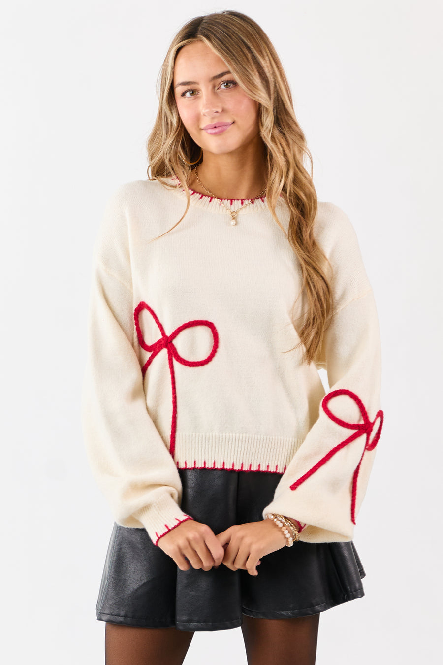 Cream Bow Applique Long Puff Sleeve Knit Sweater