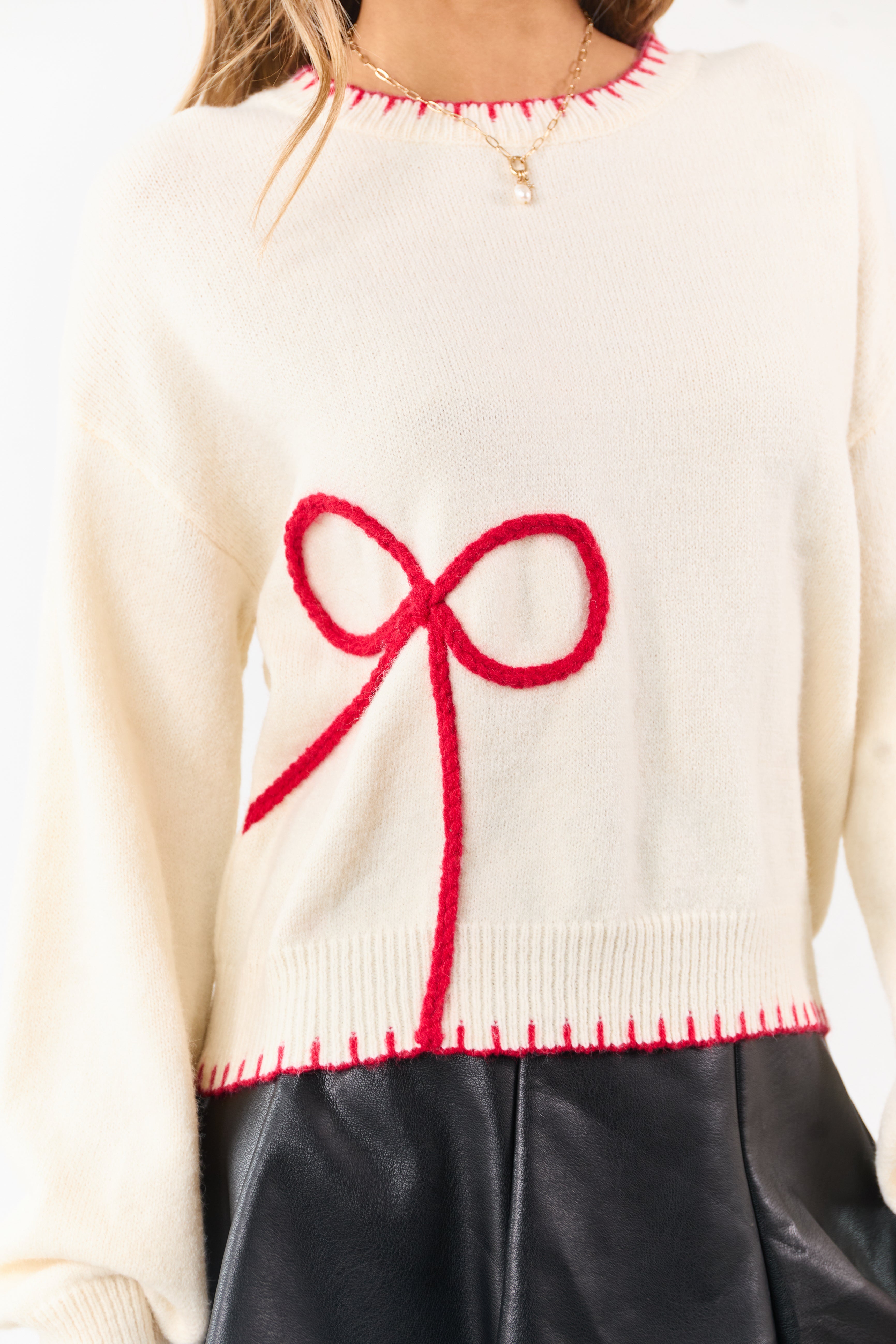 Cream Bow Applique Long Puff Sleeve Knit Sweater