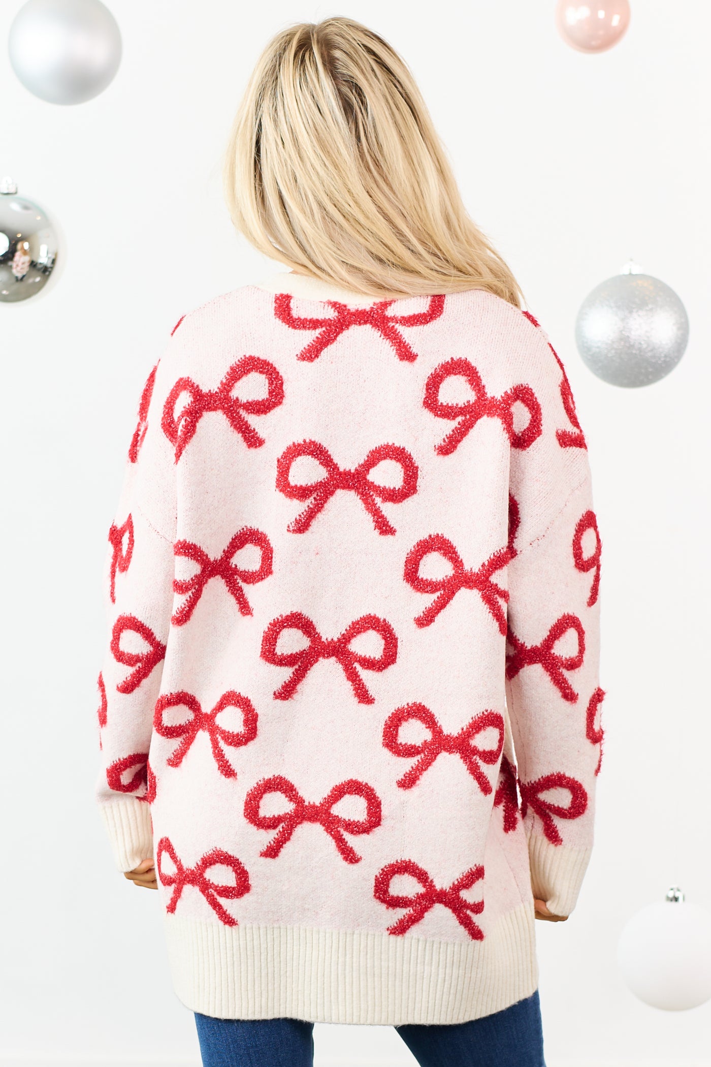 Cream Bow Pattern Button Up Cardigan