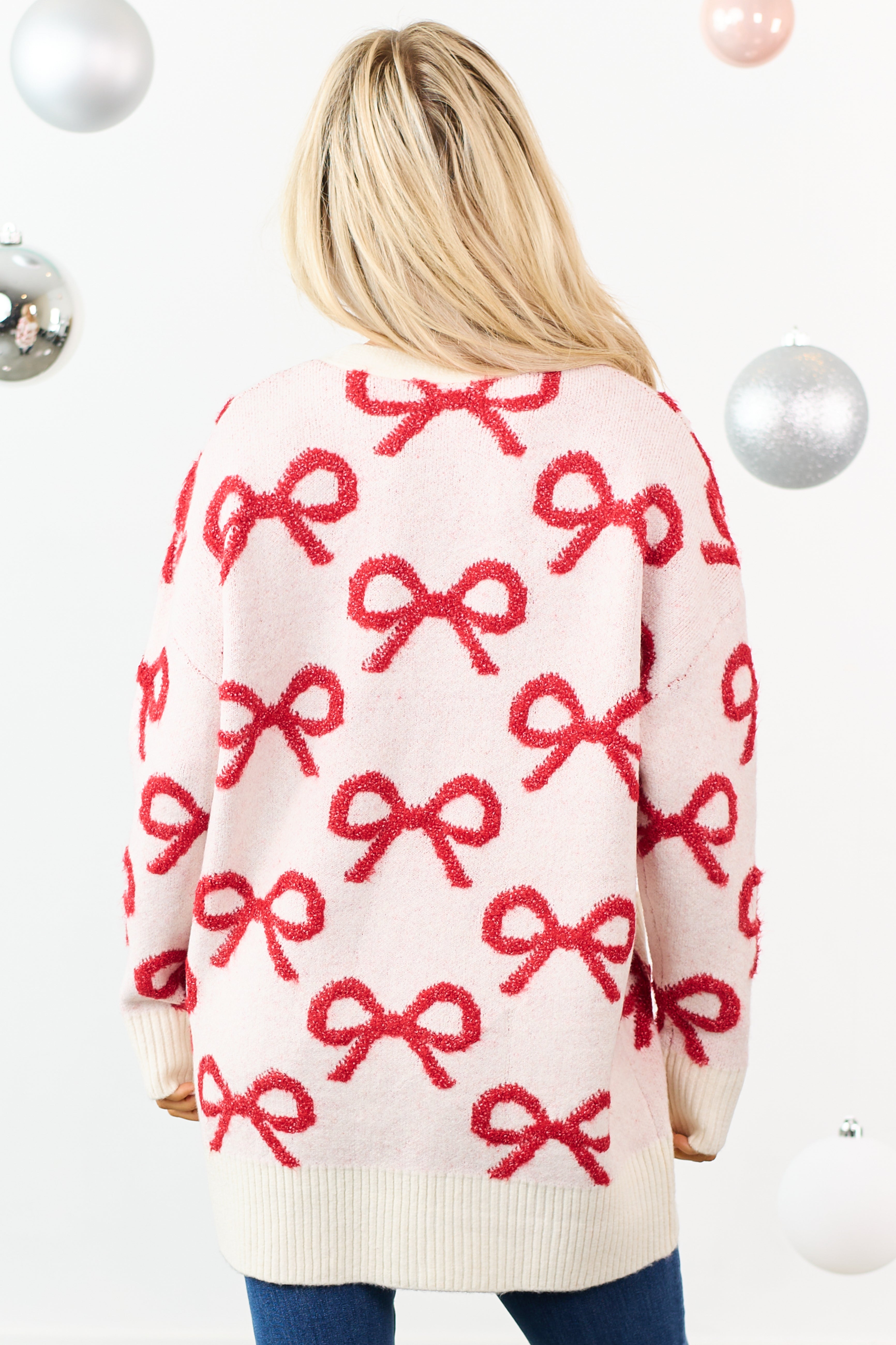 Cream Bow Pattern Button Up Cardigan