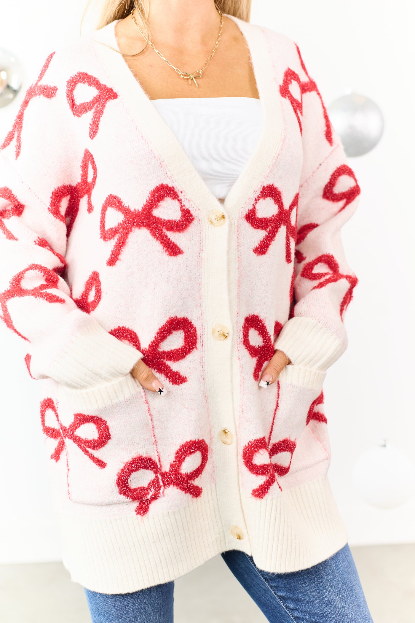 Cream Bow Pattern Button Up Cardigan