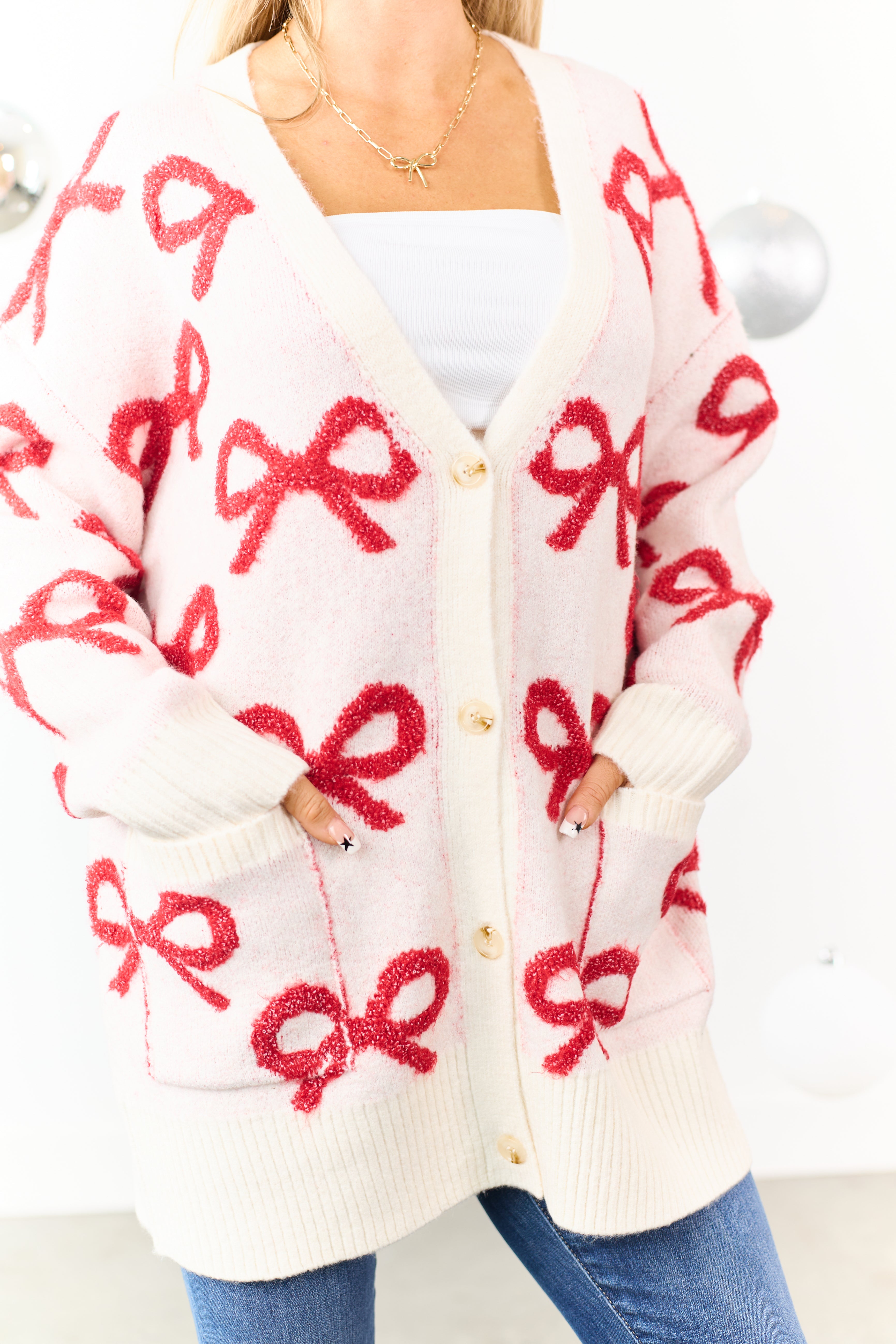 Cream Bow Pattern Button Up Cardigan
