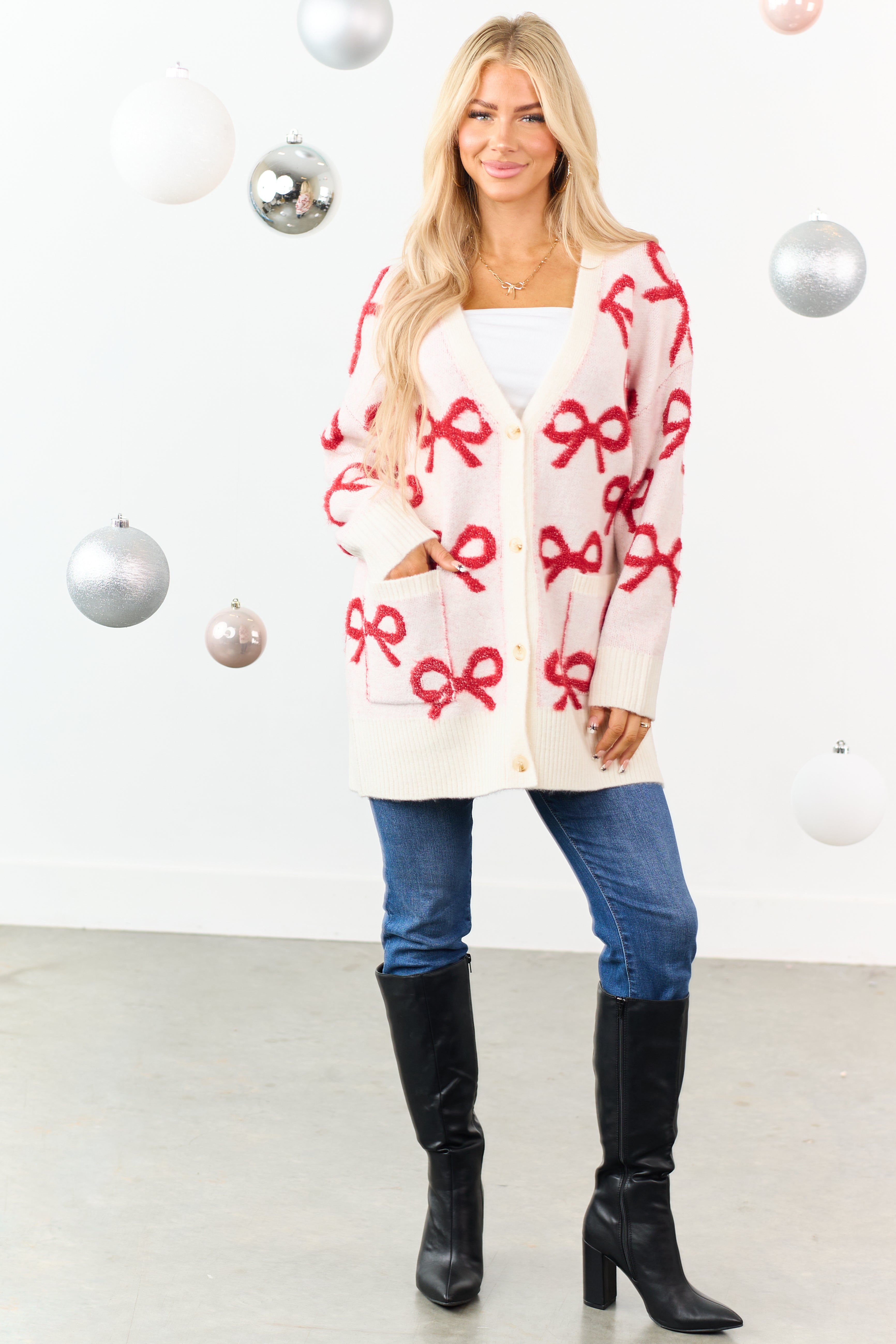 Cream Bow Pattern Button Up Cardigan