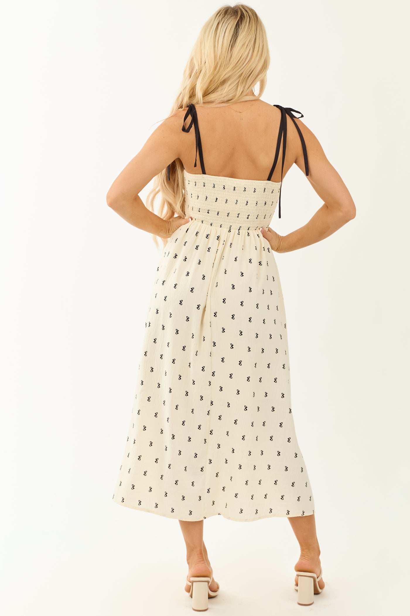 Cream Bow Print Sleeveless Tie Strap Midi Dress | Lime Lush Boutique Cream Bow Print Sleeveless Tie Strap Midi Dress | Lime Lush Boutique