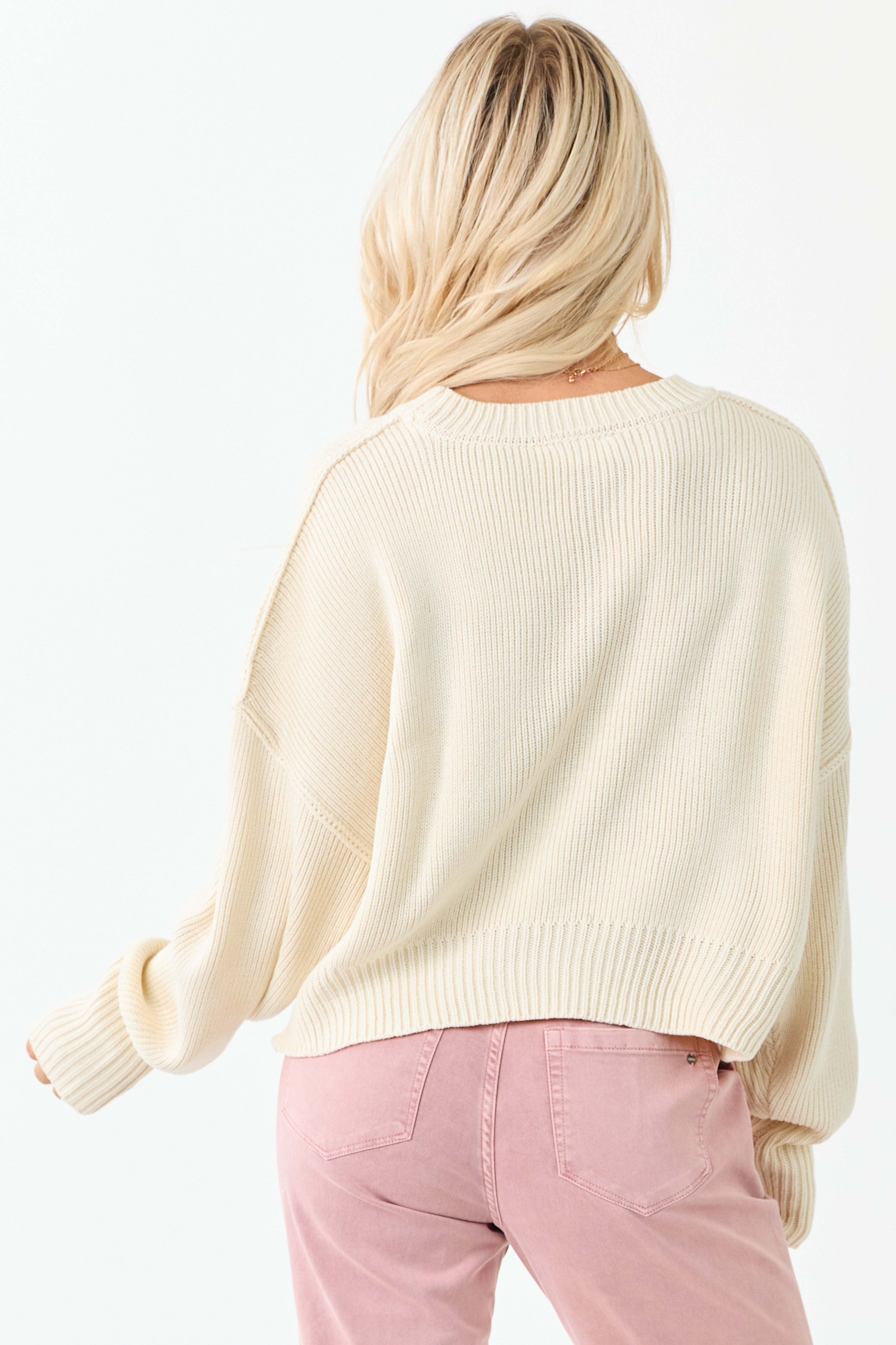 Cream Boxy Drop Shoulder Crop Rib Knit Sweater