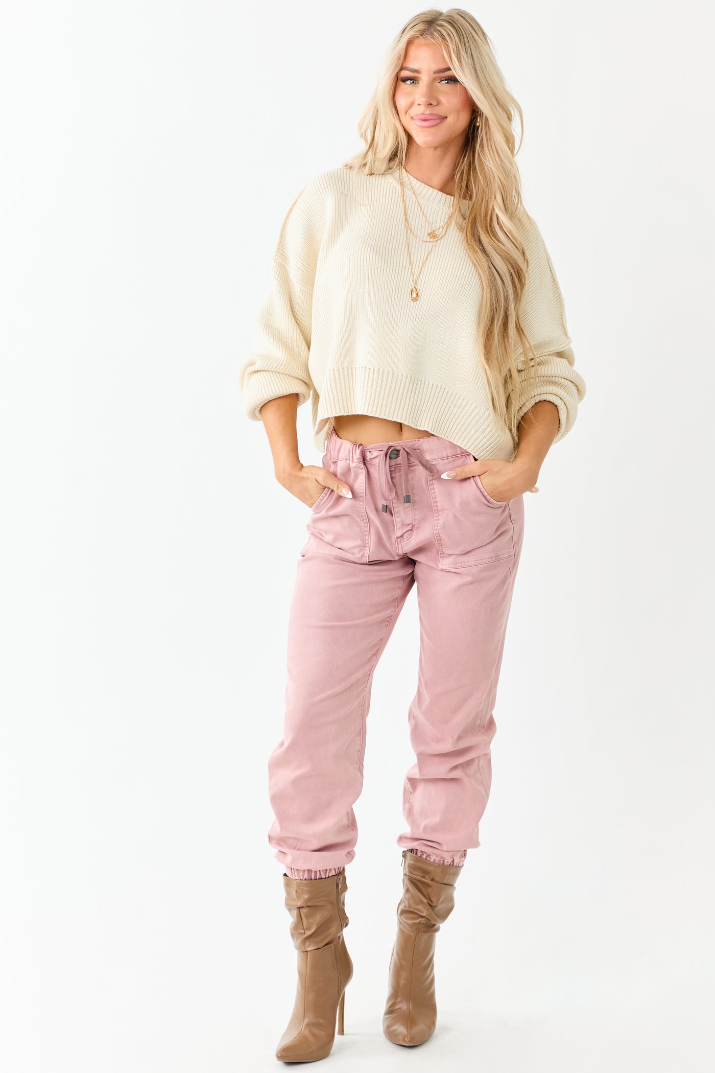 Cream Boxy Drop Shoulder Crop Rib Knit Sweater