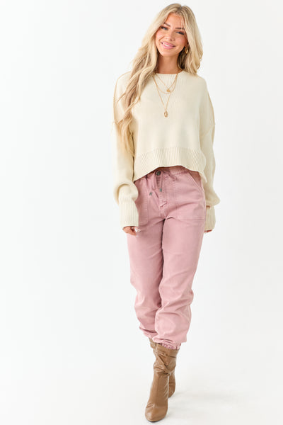 Cream Boxy Drop Shoulder Crop Rib Knit Sweater