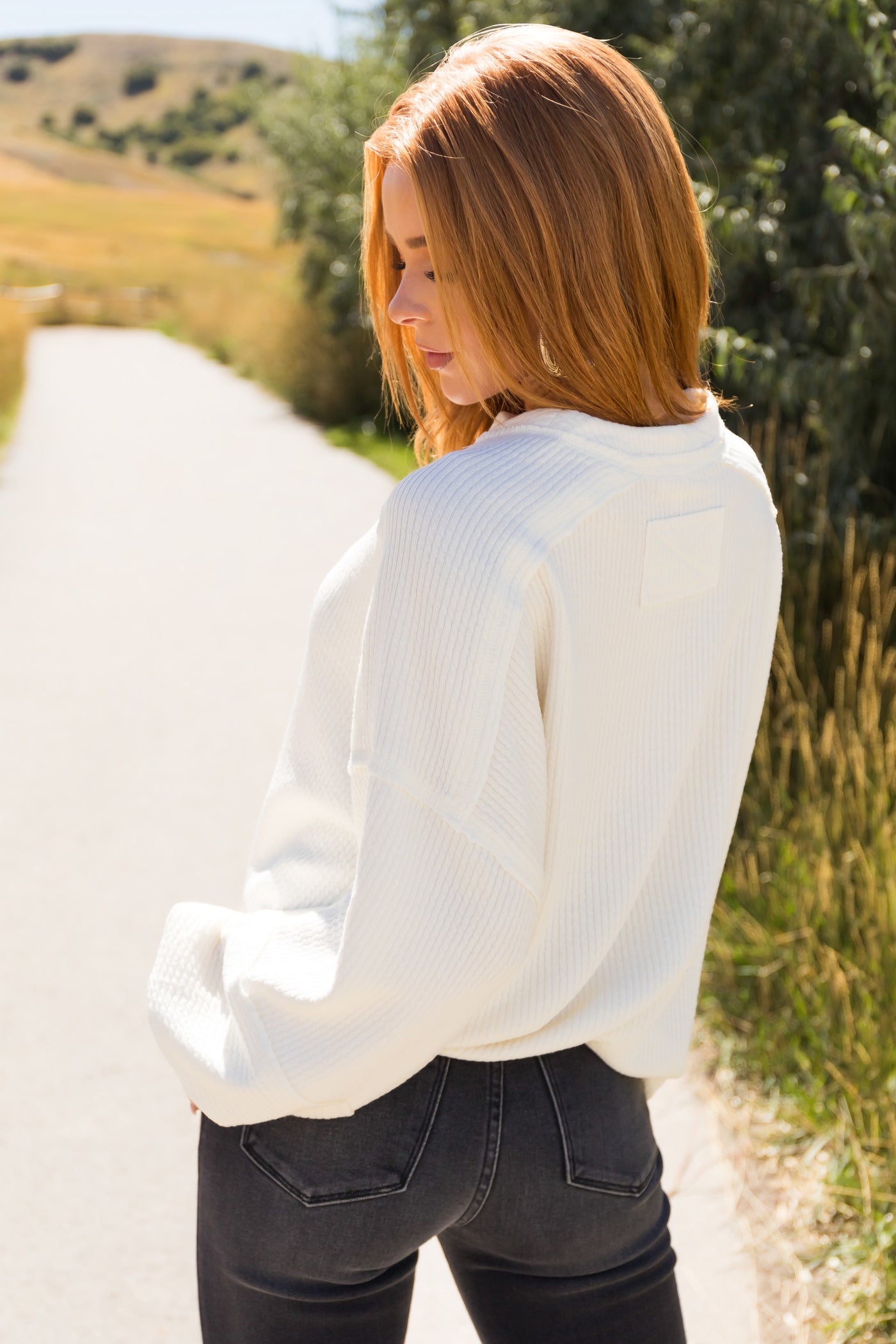 Cream Bubble Sleeve Ribbed Henley Sweater