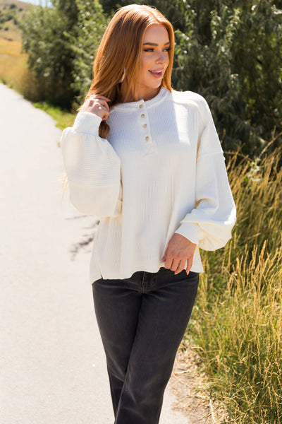 Cream Bubble Sleeve Ribbed Henley Sweater