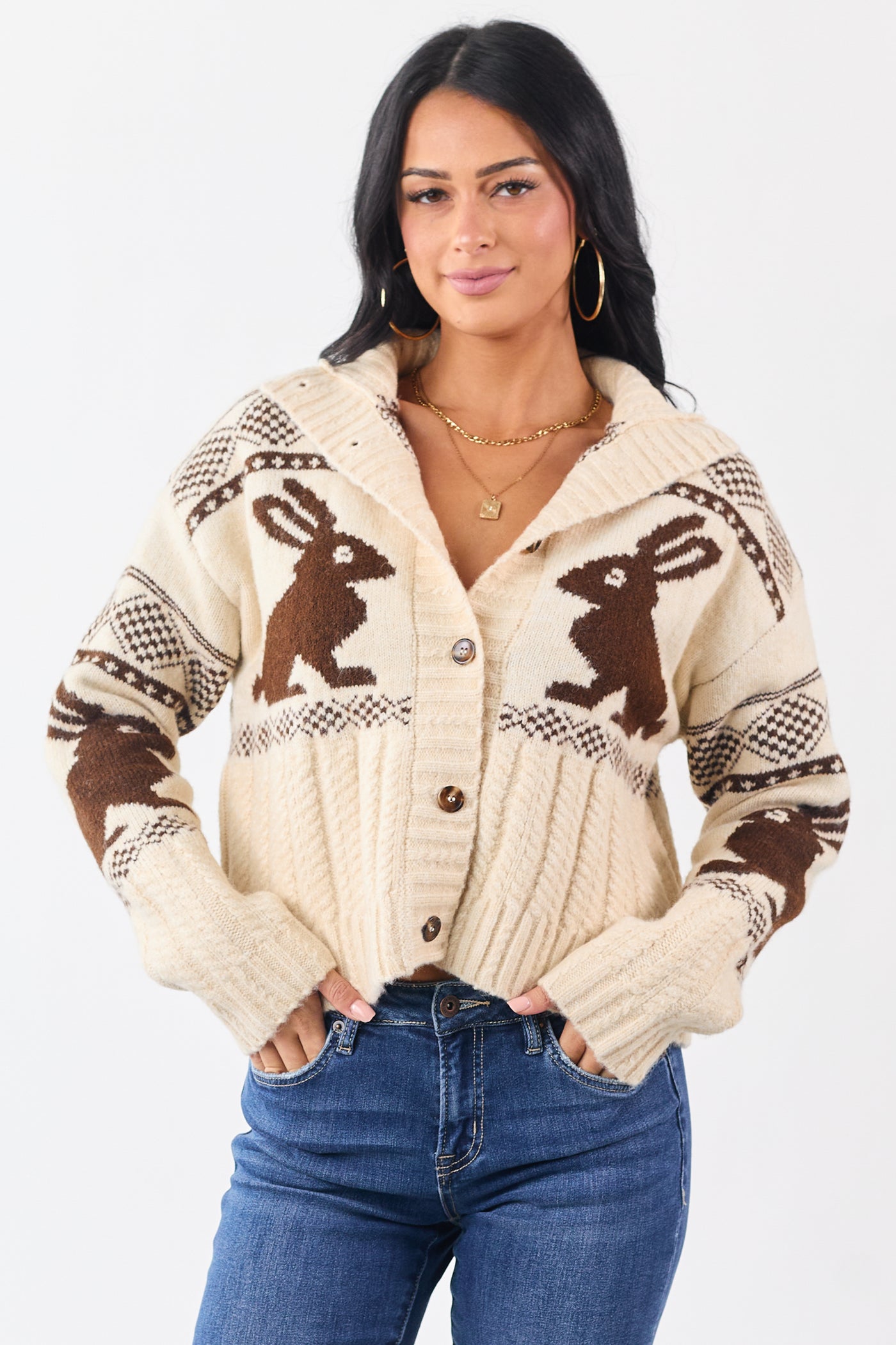 Cream Bunny Jacquard Pattern Button Down Cardigan