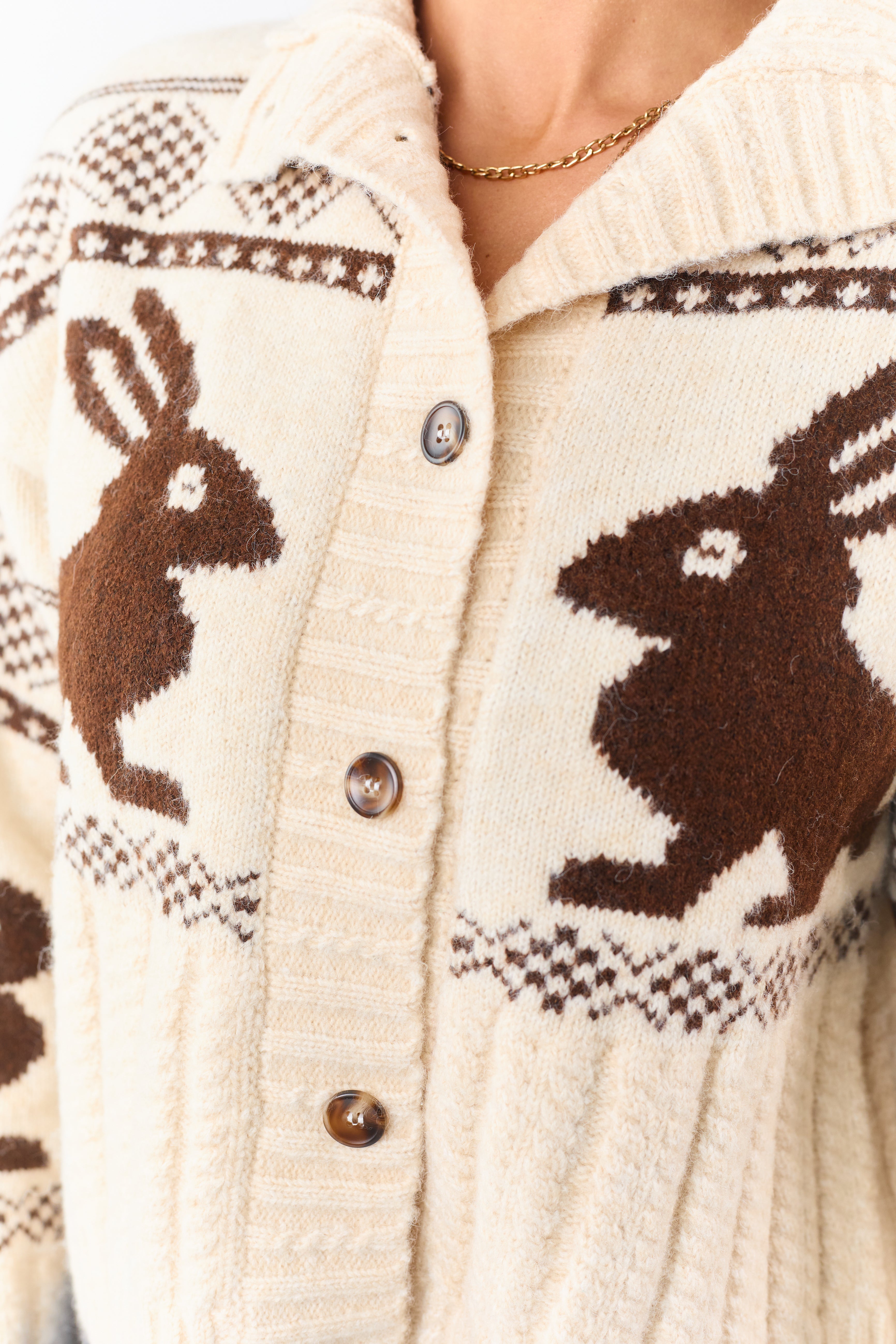 Cream Bunny Jacquard Pattern Button Down Cardigan