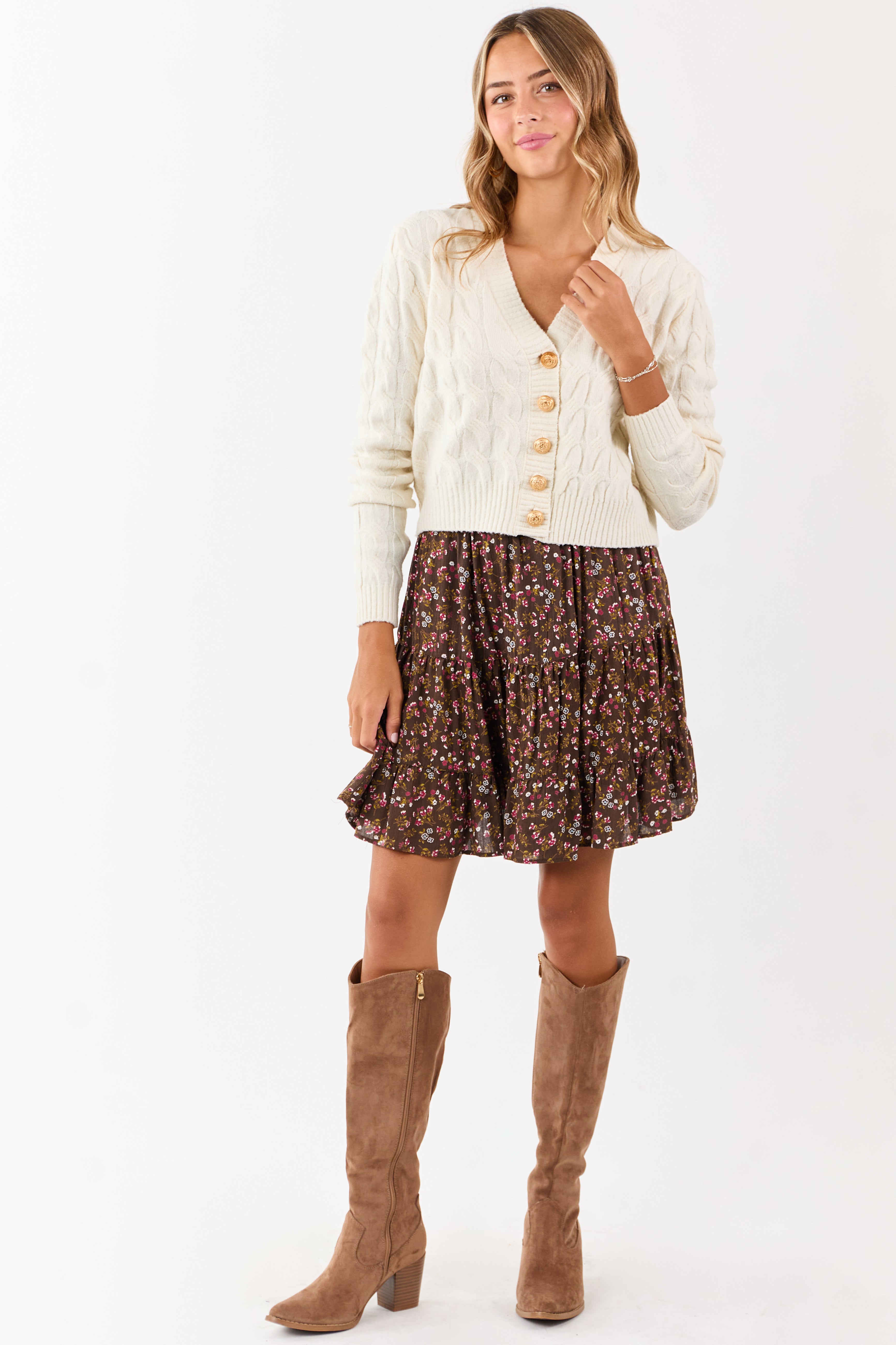 Cream Button Down Cable Knit Sweater Cardigan