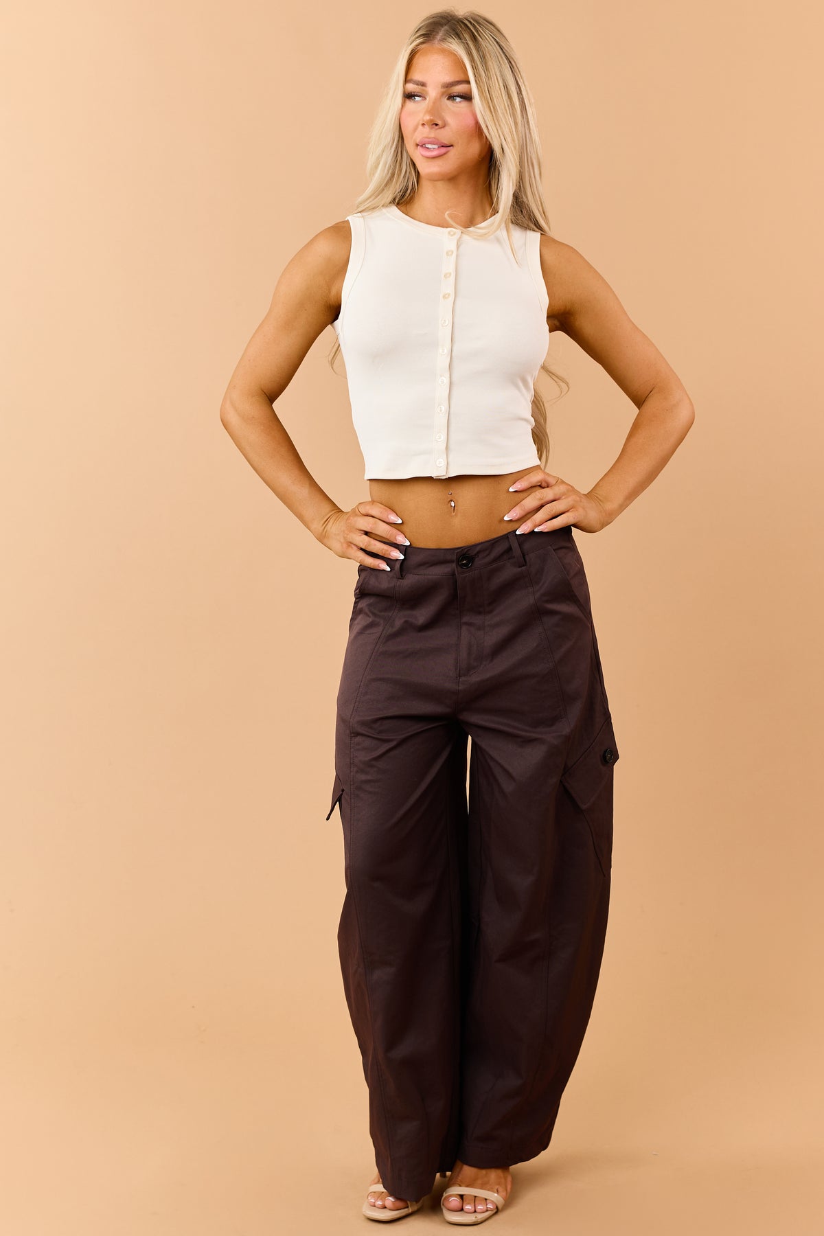 Cream Button Down Cotton Knit Crop Tank Top