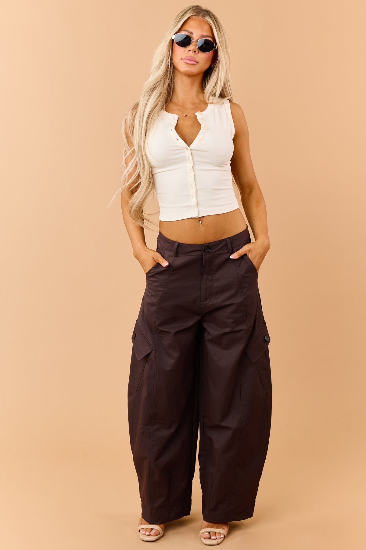 Cream Button Down Cotton Knit Crop Tank Top