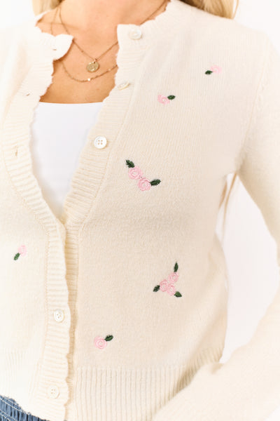 Cream Button Down Floral Embroidered Cardigan