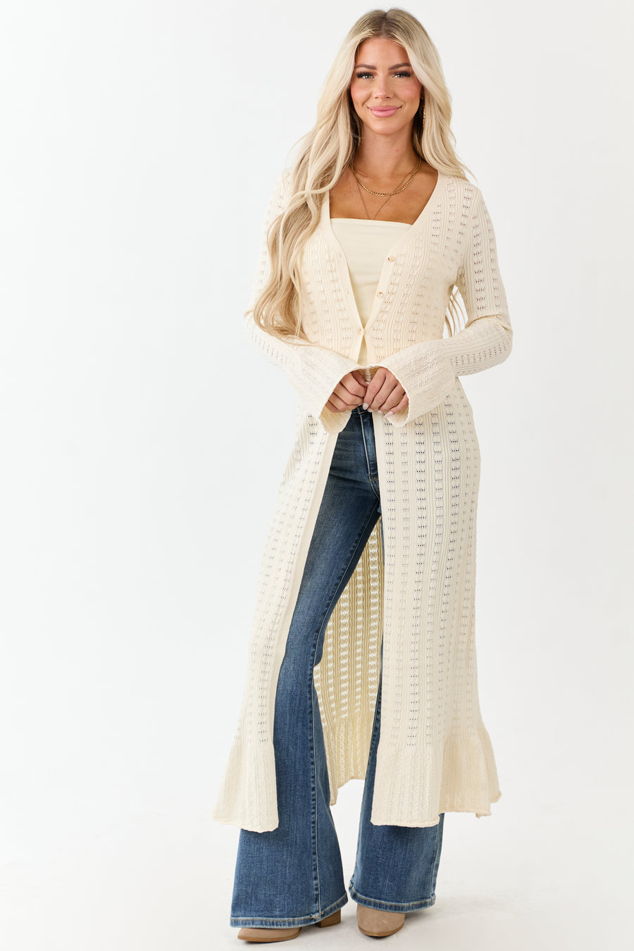 Cream Button Down Long Sleeve Duster Cardigan