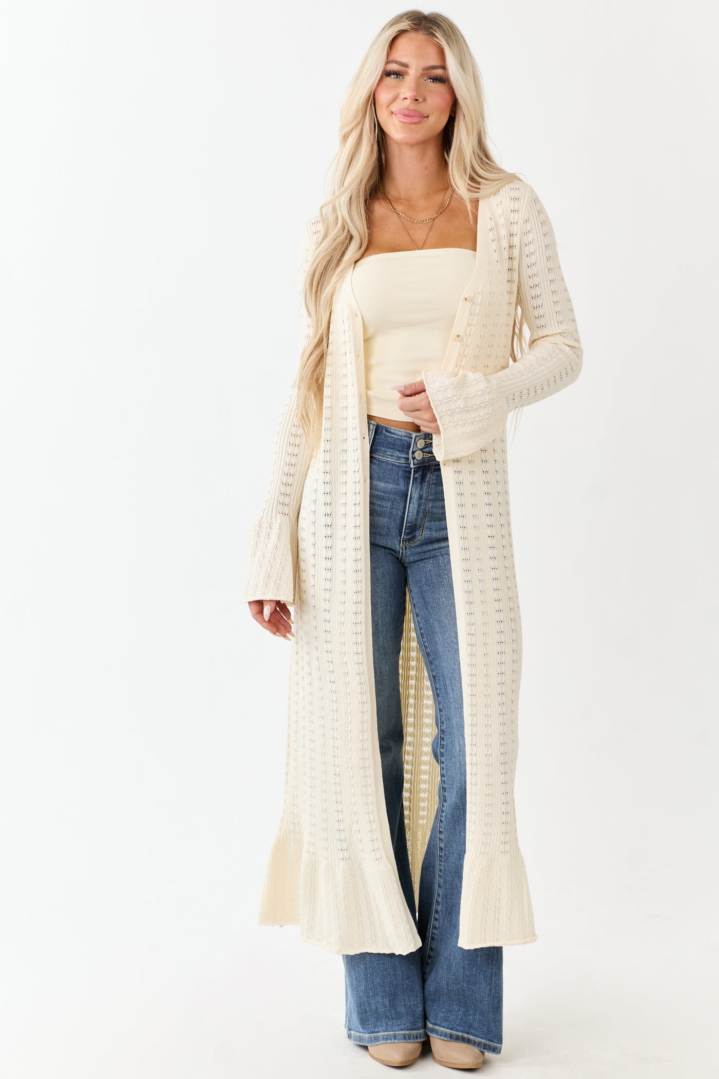 Cream Button Down Long Sleeve Duster Cardigan